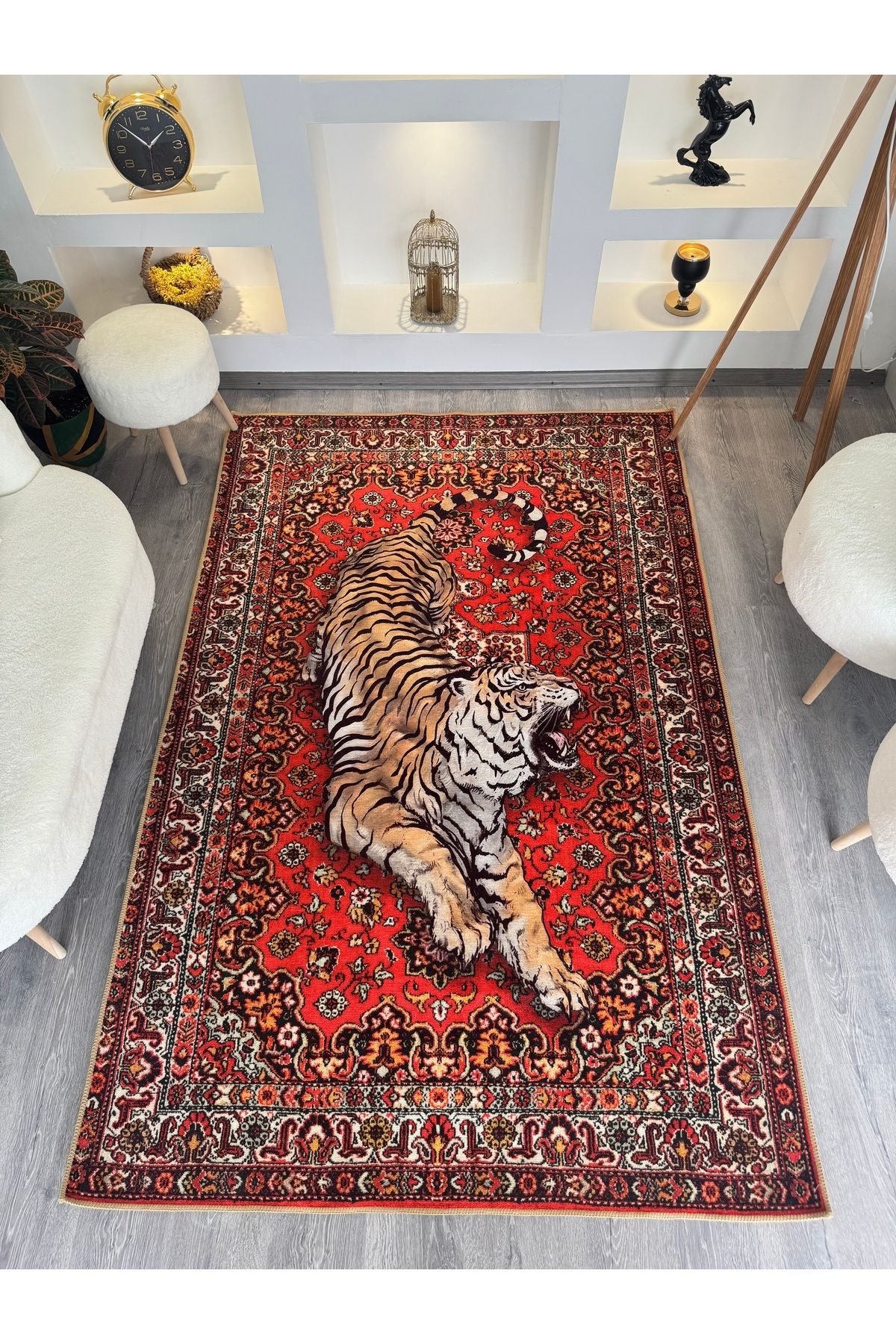Rugs Modern Halı Nilla Koleksiyonu Kırmızı Vintage Desenli Kaplan Detaylı Dokuma Taban Dekoratif Halı nilla08