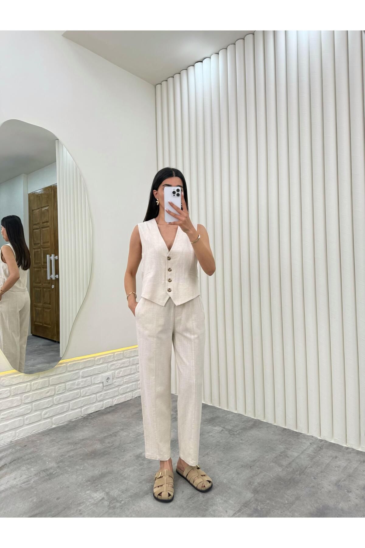 Gaus Taş Yelekli Beli Lastikli Pantolon İkili Keten Takım Gaus00276