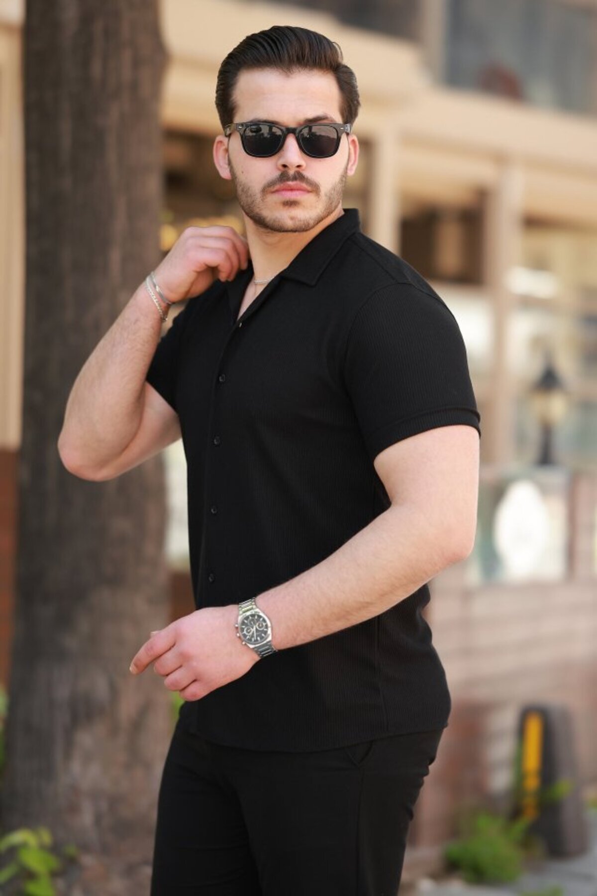 GETFAY Erkek Ottoman Kumaş Apaj Yaka Kısa Kollu Gömlek-Siyah fotoğrafı 2 (önizleme)