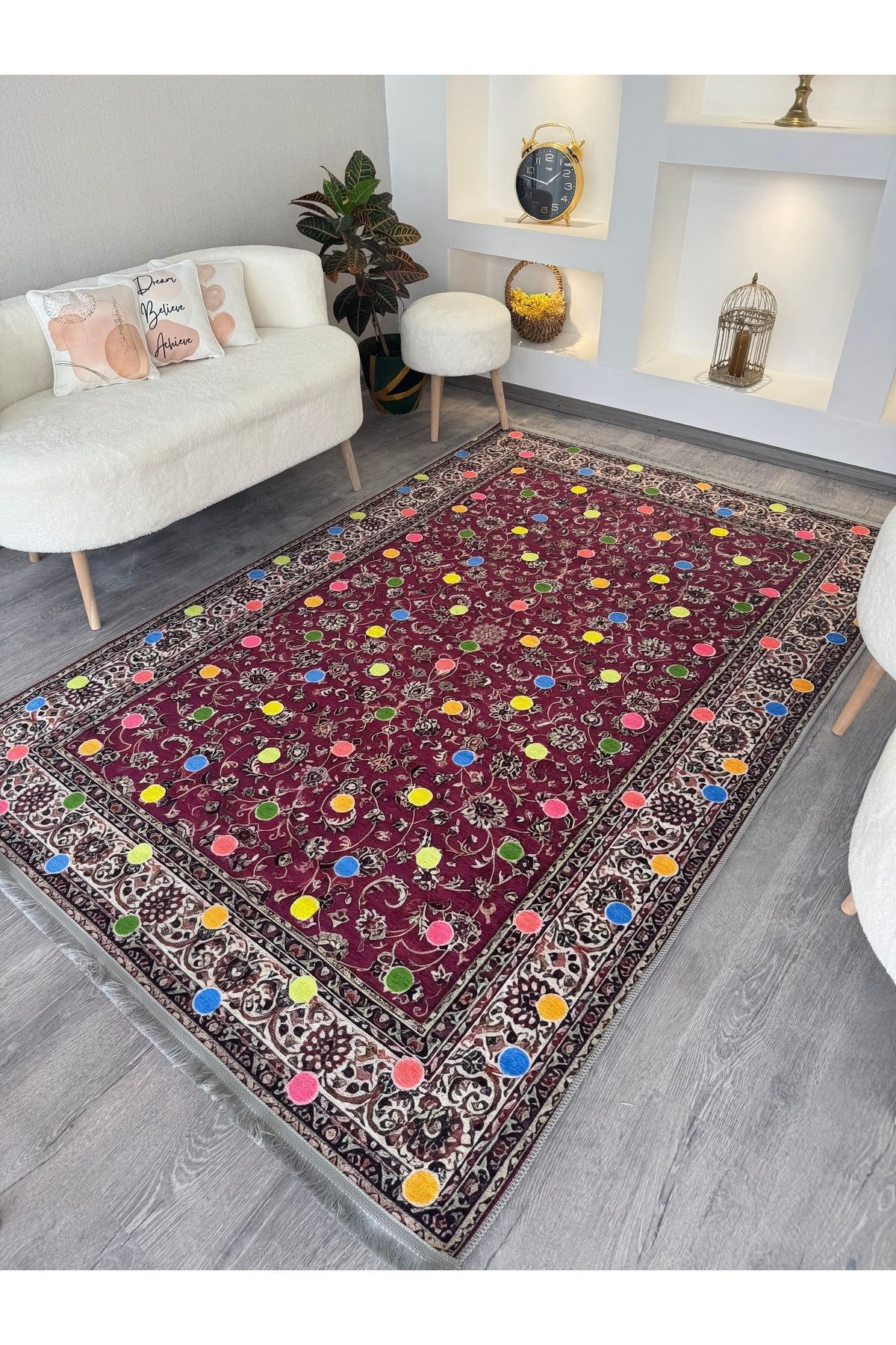Rugs Modern Halı Nilla Koleksiyonu BordoTemalı Renkli Noktalar ve Vintage Desenli Dokuma Taban Dekoratif Halı nilla07