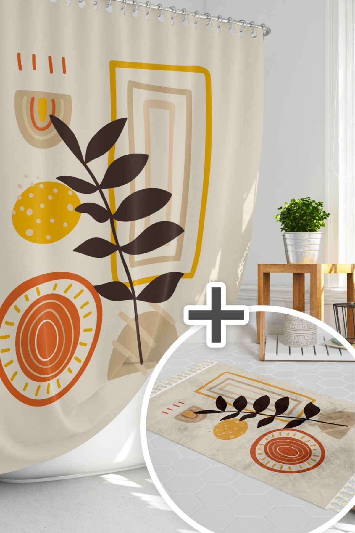 Tropikhome Palmiye Desen Banyo Perde Seti Kaymaz Taban Banyo Paspas Seti-dijital Baskılı Halkalı Perde Set