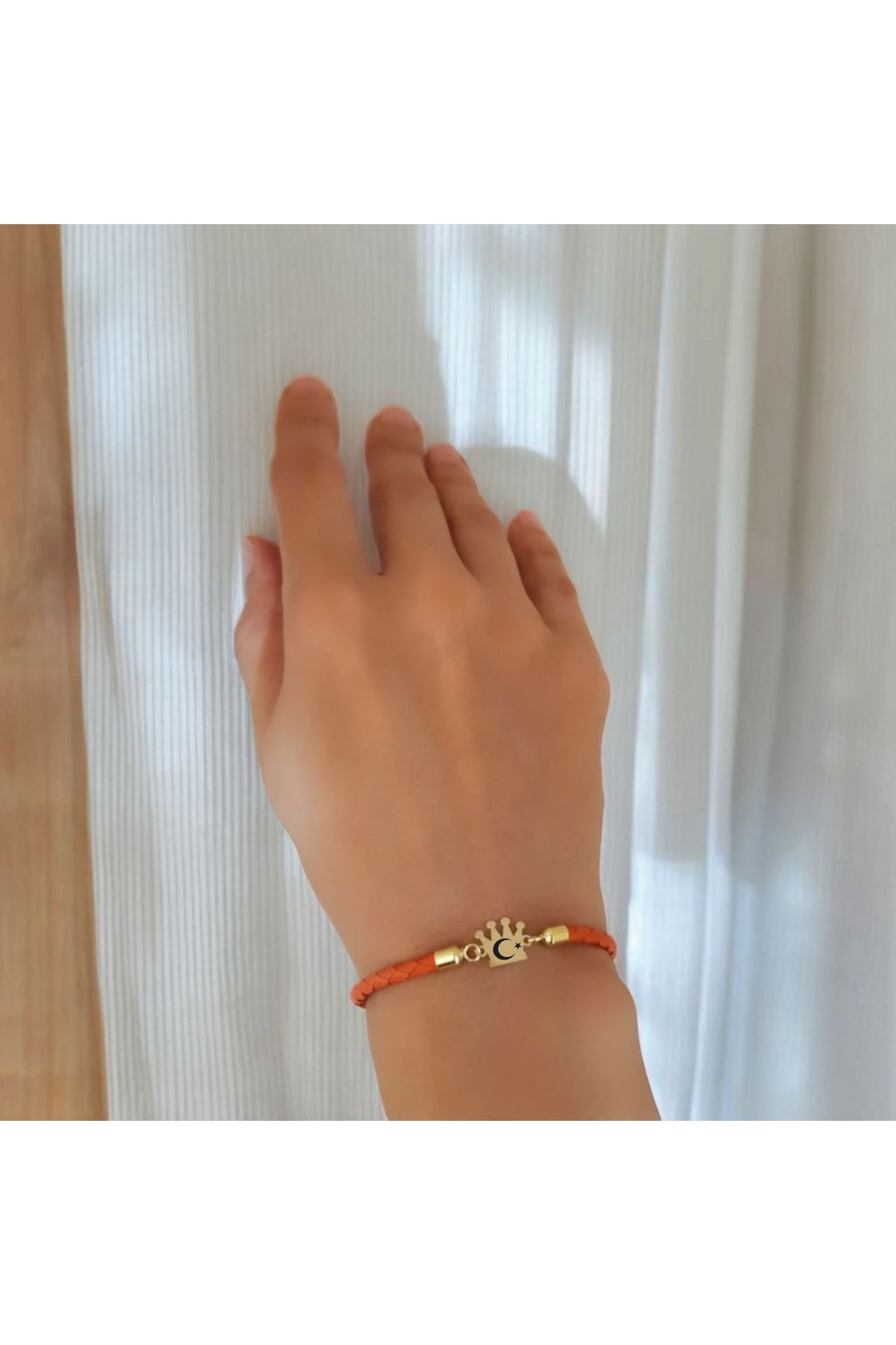 ARCHINO GOLD 14 Ayar Altın Plakalı Bayanlara Özel Taç Motifli Hakiki Derili Türkiye Bilekliği-439sembol-turuncu