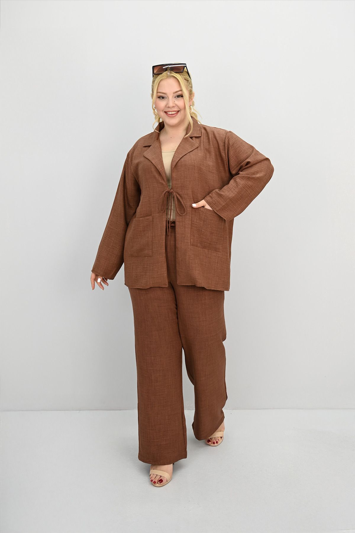 Koza Butik Set De Damă Cu Cravată Cu Picioare Largi, De Mărime Mare, De Sus Și De Jos 8195-25 Femeie - 5XL