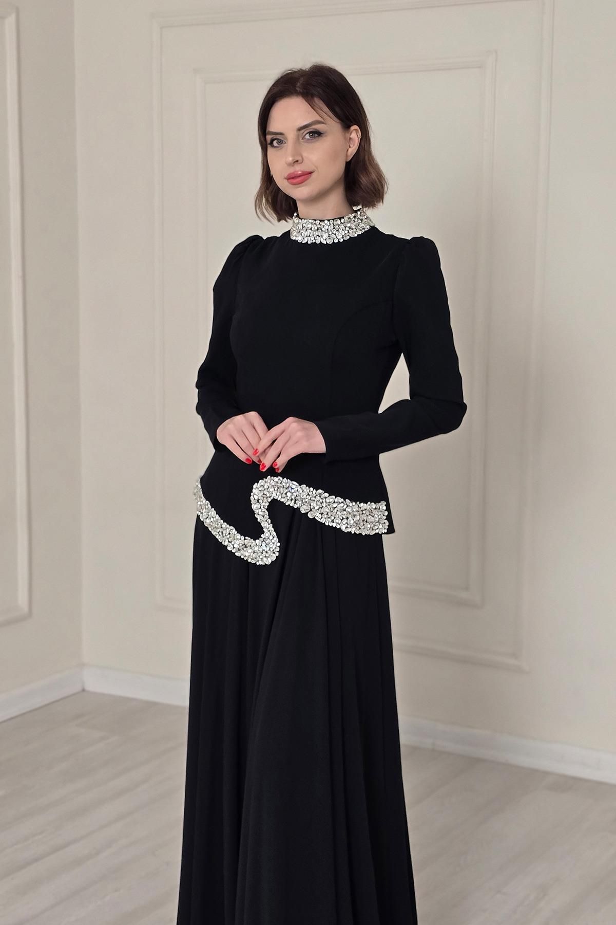 Yonca Moda Evi Siyah Şifon Etekli Abiye Elbise 4437