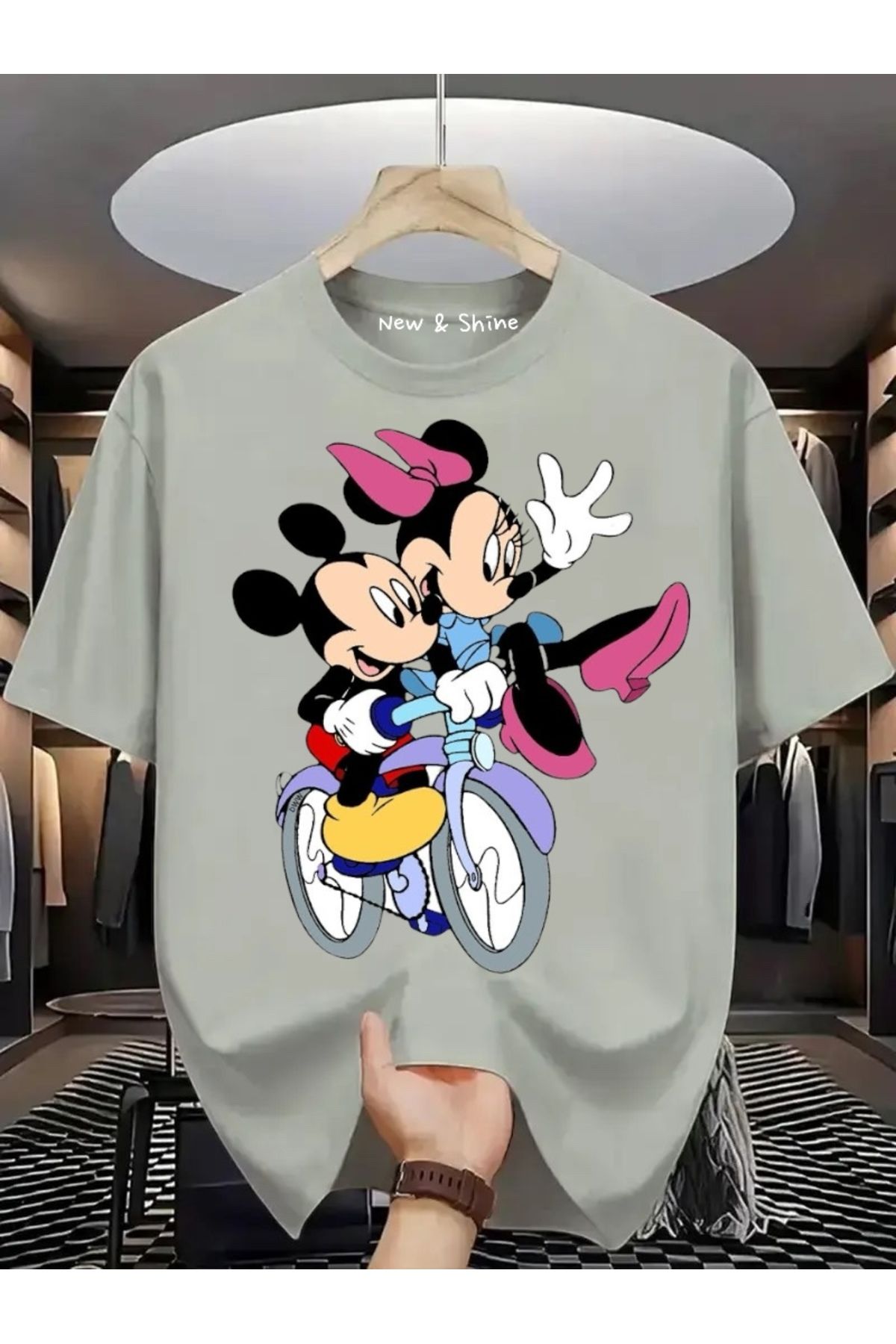 New Shine Mickey Minnie Mouse Baskılı Büyük Beden Oversize T-Shirt