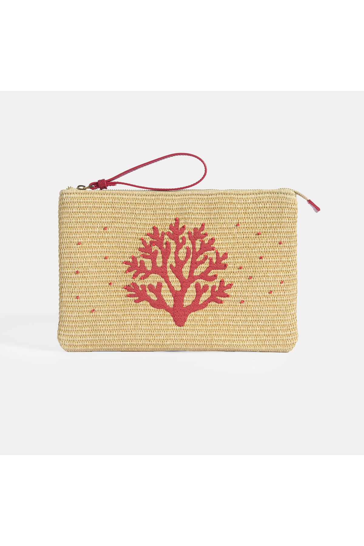 Desa Kırmızı Mercan Nakışlı Hasır Clutch