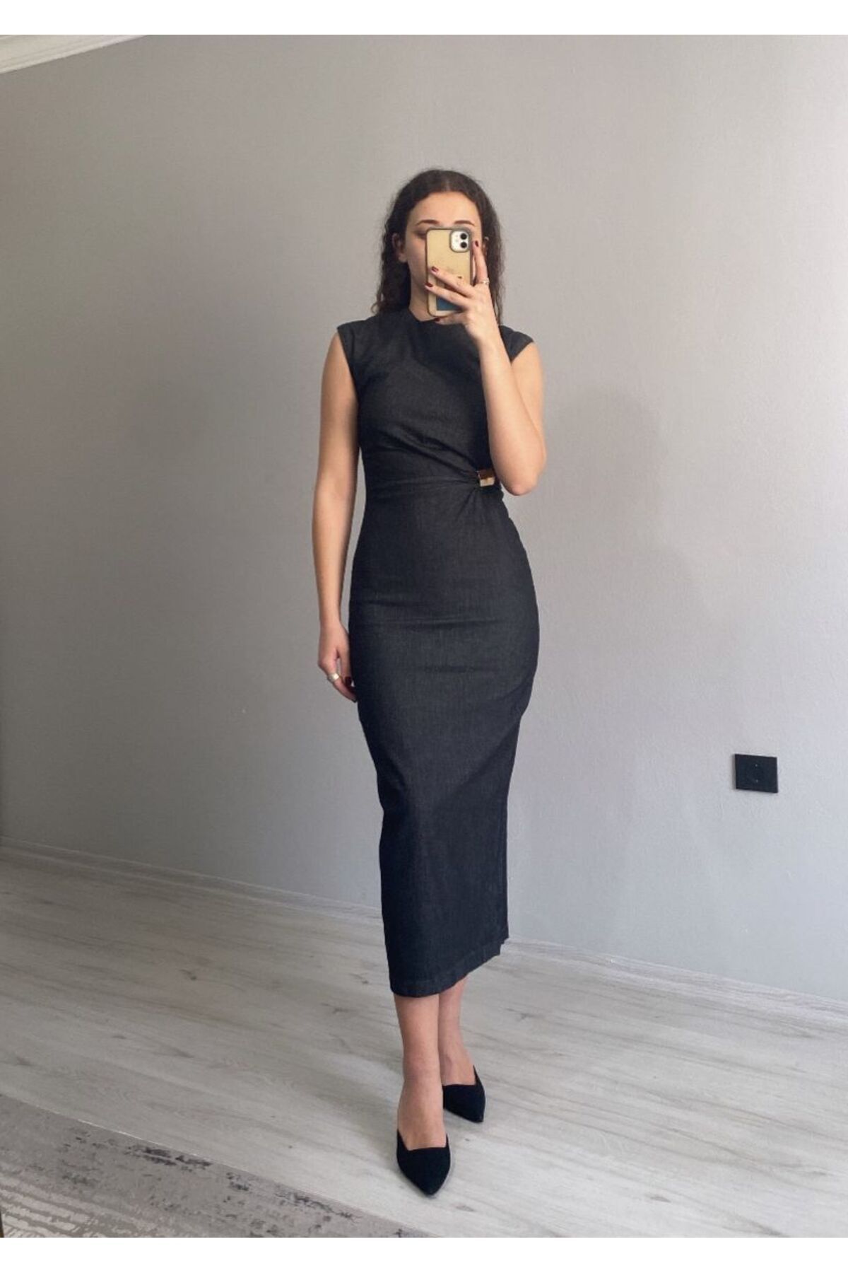 Niceboutique Gold Tokalı Premium Kalite Midi Boy Likralı Denim Elbise