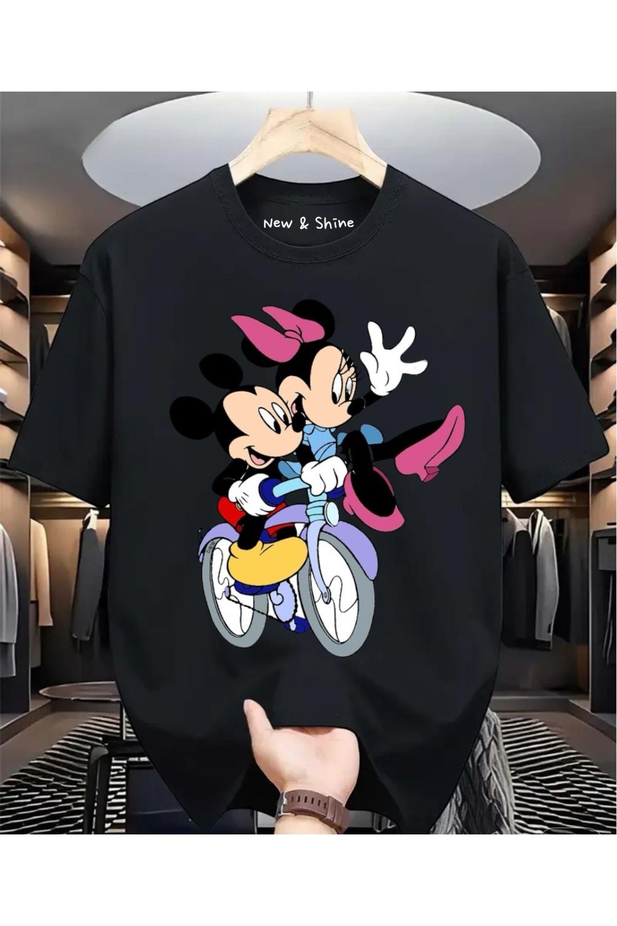 New Shine Mickey Minnie Mouse Baskılı Büyük Beden Oversize T-Shirt