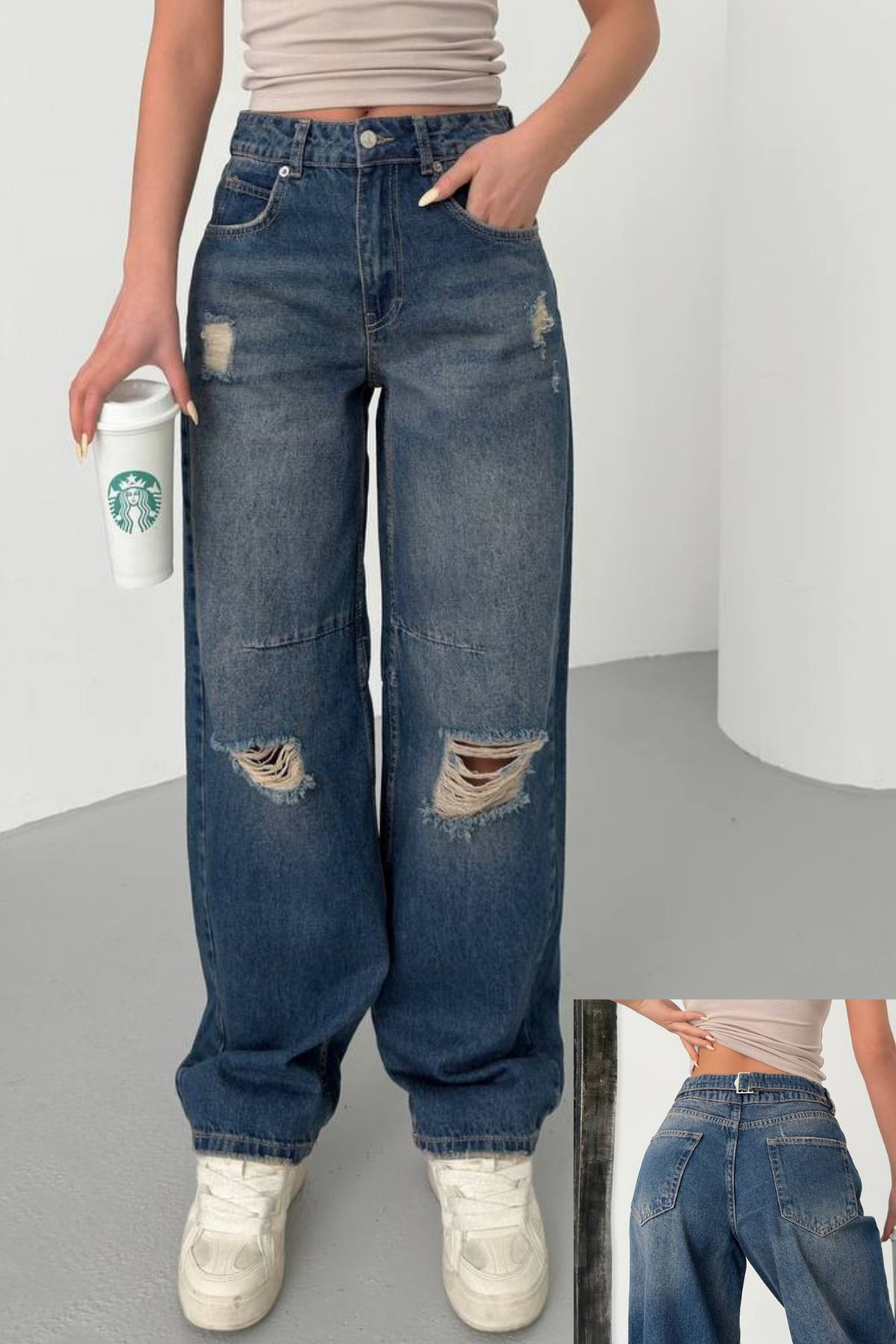 fehika Kadın Koyu Mavi Baggy Yırtıklı Jeans Yüksek Bel Boyfirend Jeans Pantolon