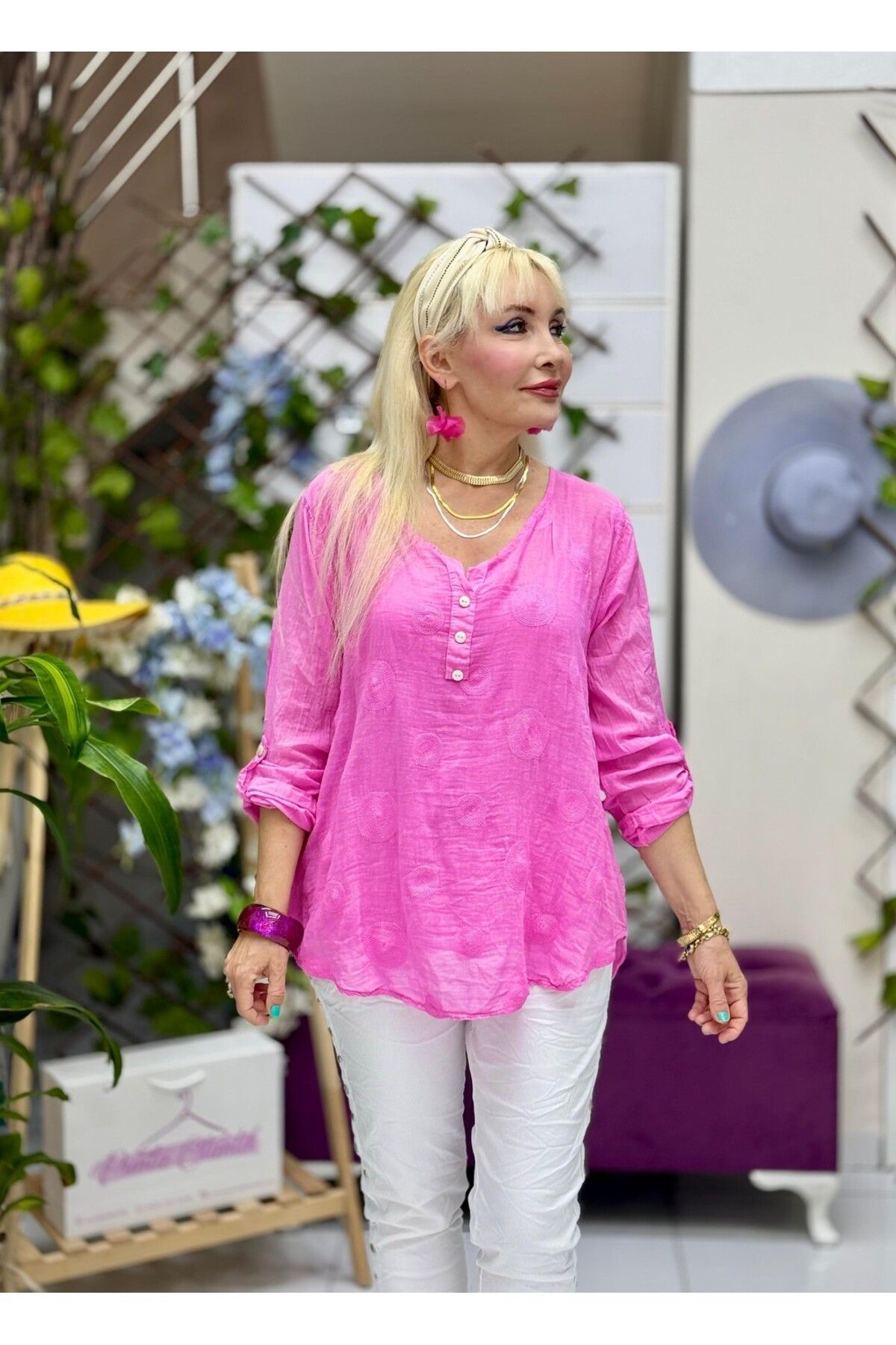 Punta Otantik YG2033 İtalyan Güpürlü Coton Bluz Pembe
