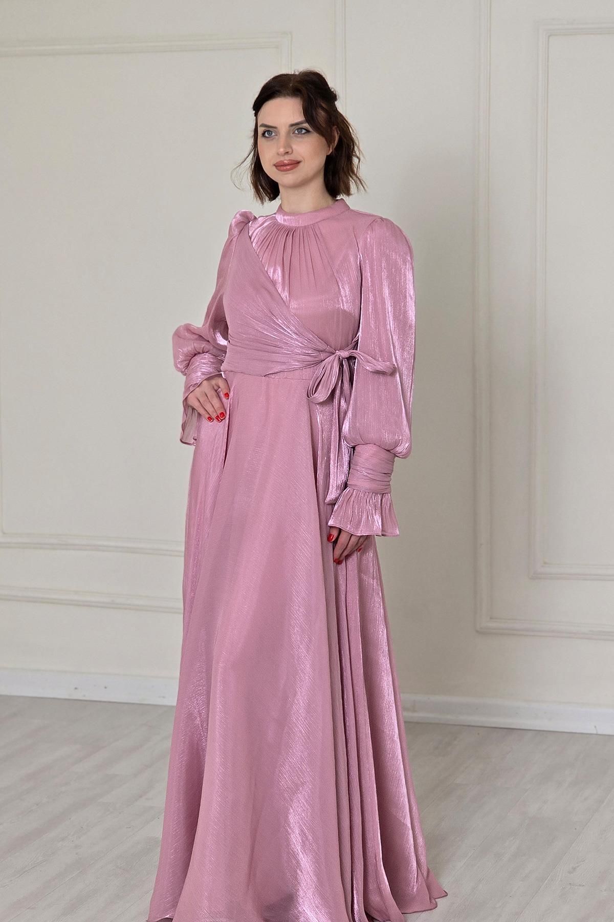 Yonca Moda Evi Pudra Ön Detaylı Kollar Fırfırlı Abiye 4805