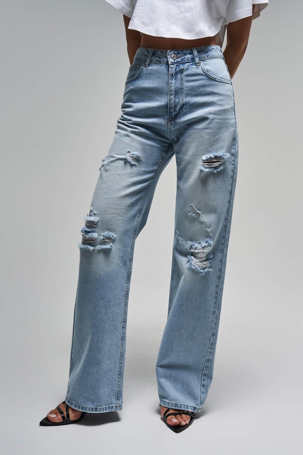 its basic Kadın Snow Kot Rengi 12s5-3 Straight Fit Yüksek Bel İç Boy 80 Cm Yırtık Detaylı Denim Jean