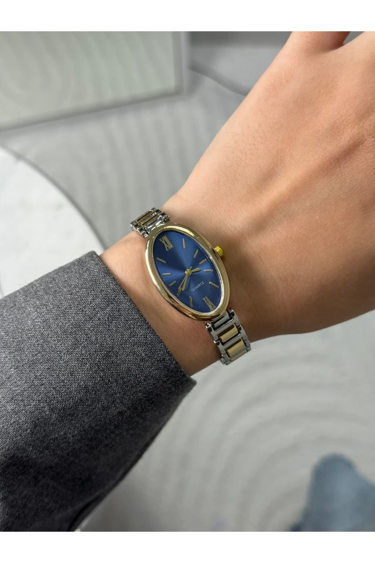 RoseandRoses Badisse Yeni Sezon Oval Kasa Kadın Kol Saati Gold-Gümüş (Lacivert Kadran)