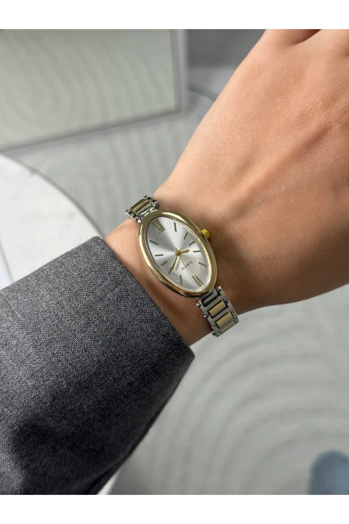 RoseandRoses Badisse Yeni Sezon Oval Kasa Kadın Kol Saati Gold-Gümüş (Beyaz Kadran)