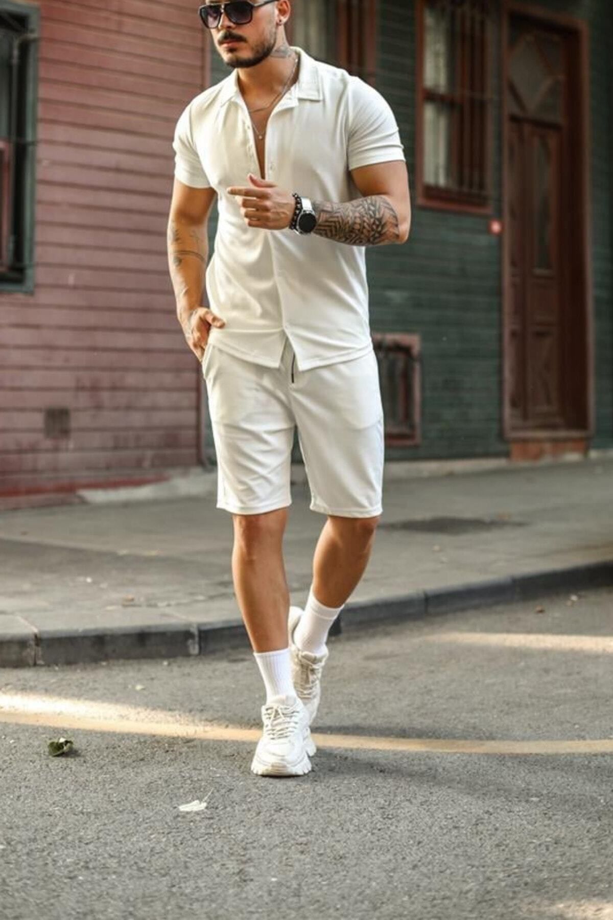 Tarz Cool Erkek Beyaz Slim Fit Alt Üst Şort Takım-gmlksrt01r01s