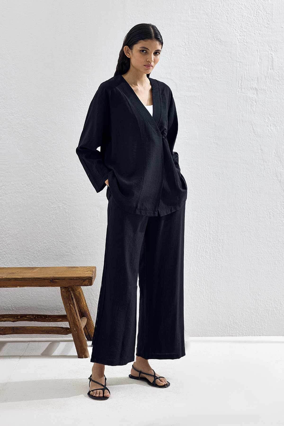 Hooopstore Düğmeli Premium Kimono Siyah Pantolon Takım