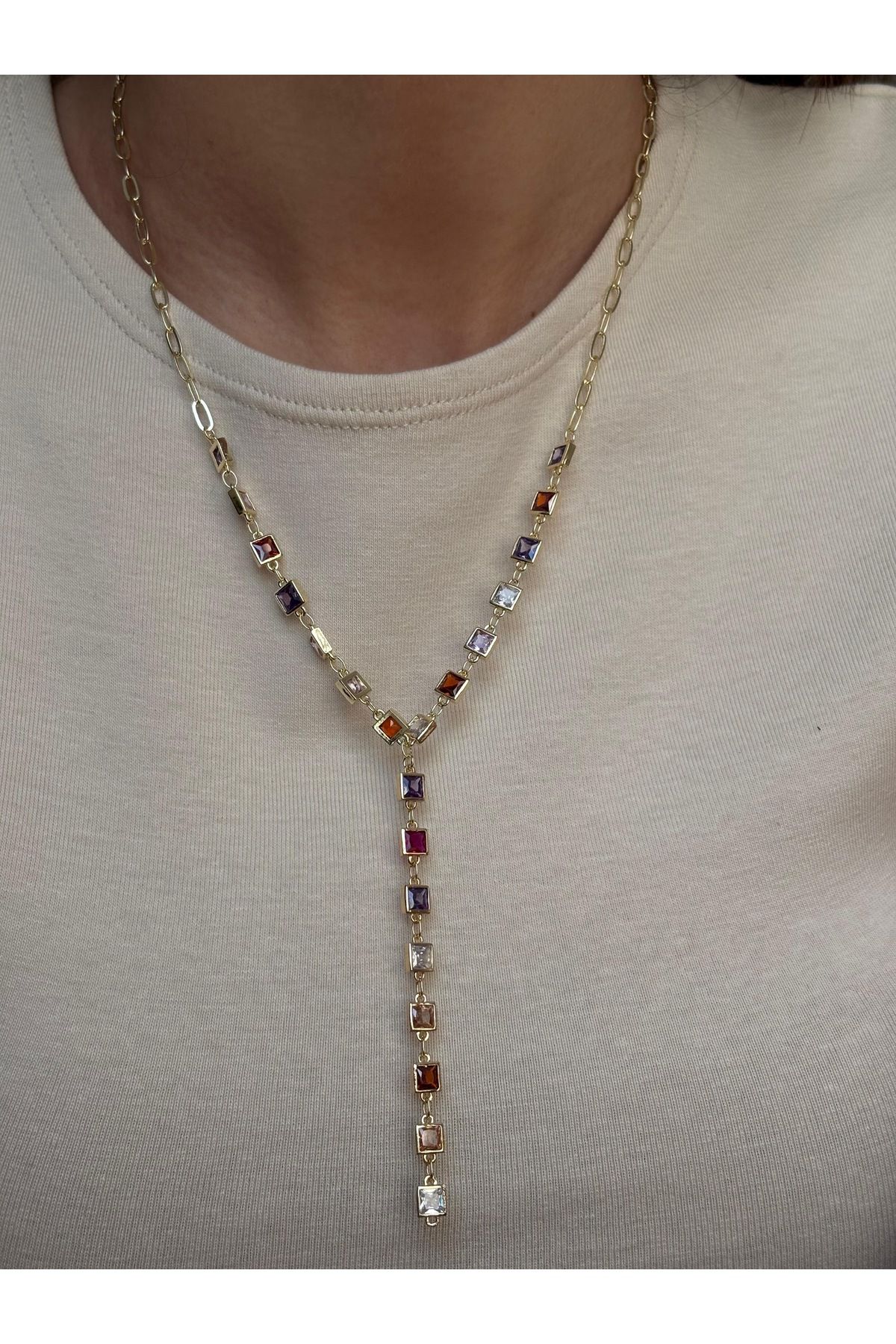 mysteriajewelry Renkli Kare Taş Detaylı Y Model Özel Seri Kolye 2 Farklı Model Seçeneği