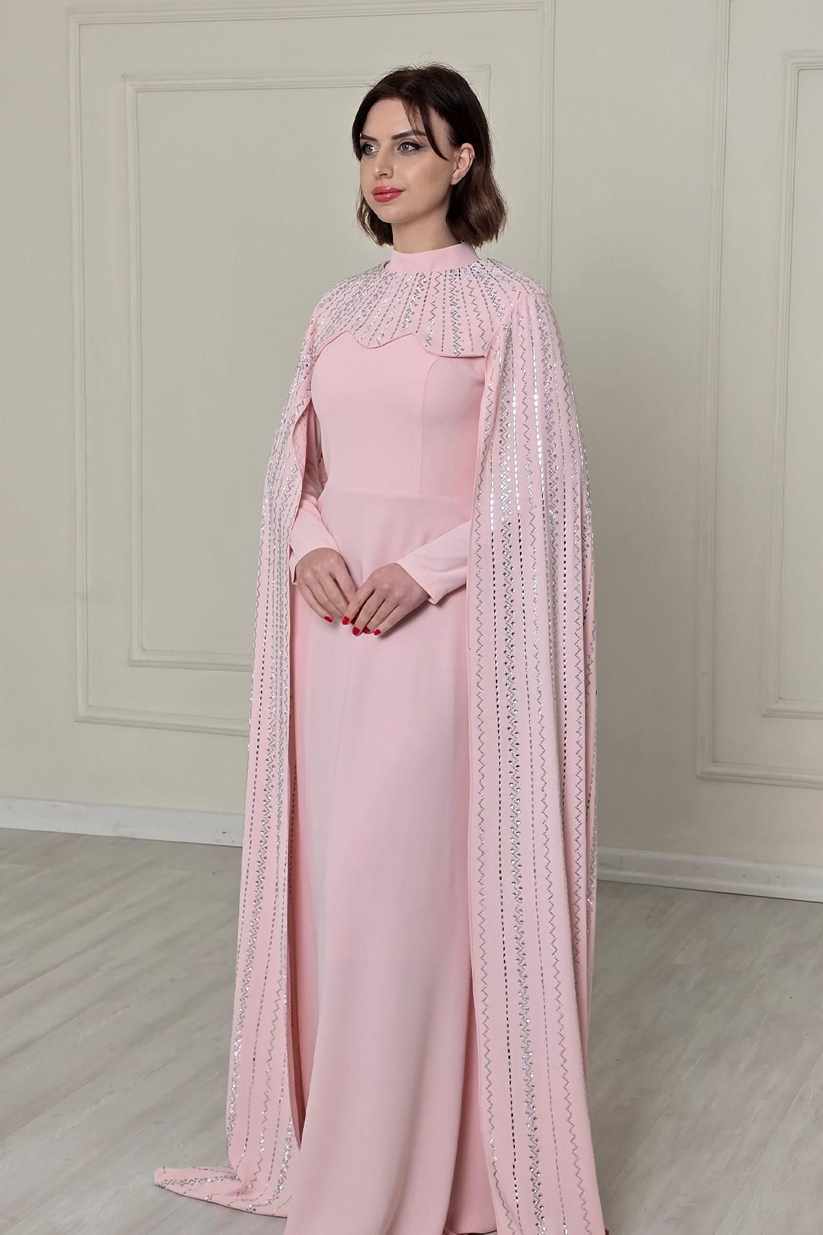 Yonca Moda Evi Pudra Pelerinli Taşlı Tasarım Abiye 9031