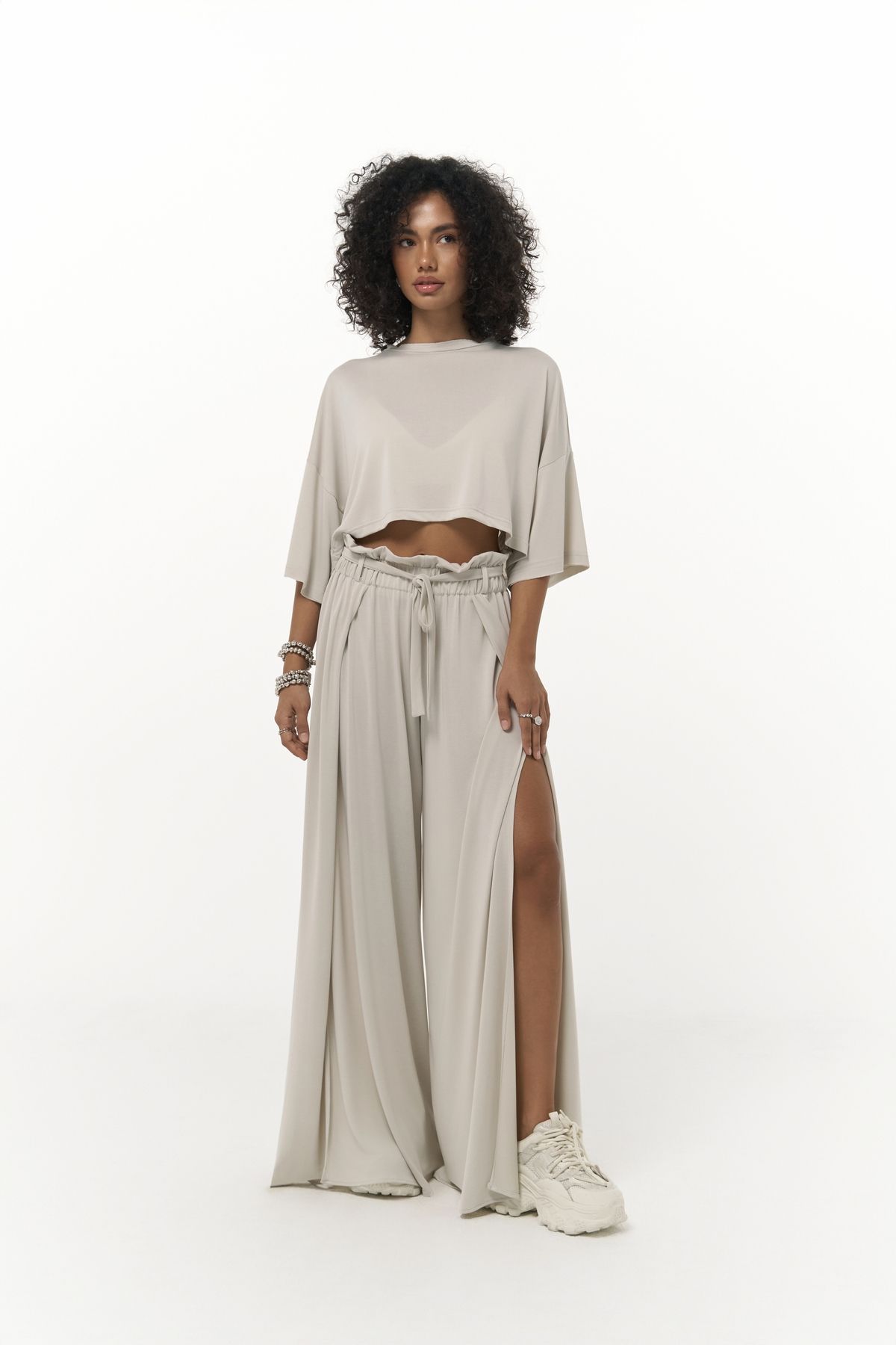 MAİ COLLECTİON Nell Bej Crop T-Shirt Pantolon Takım