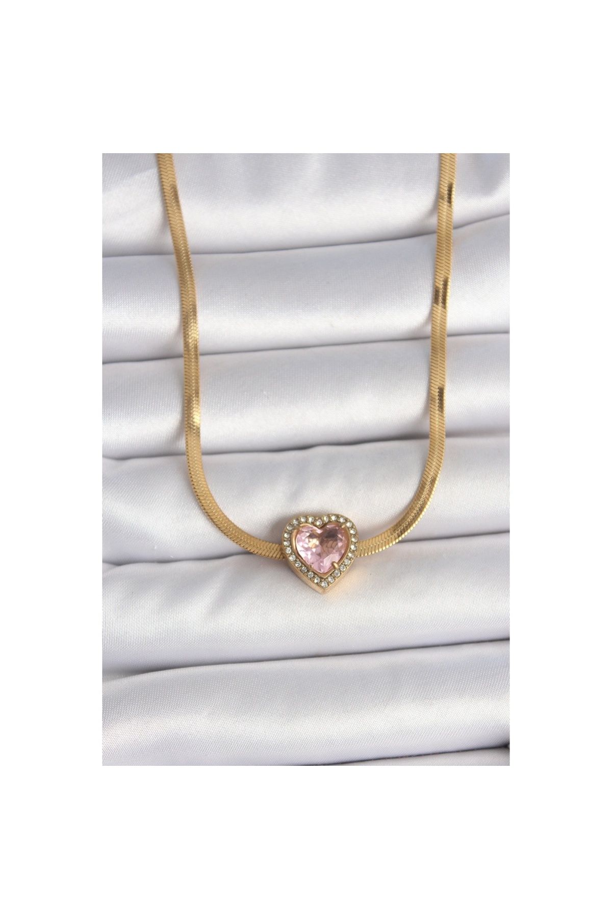 Findit 316L Çelik Gold Renk İtalyan Zincir Pembe Zirkon Taşlı Kalp Model Kadın Kolye