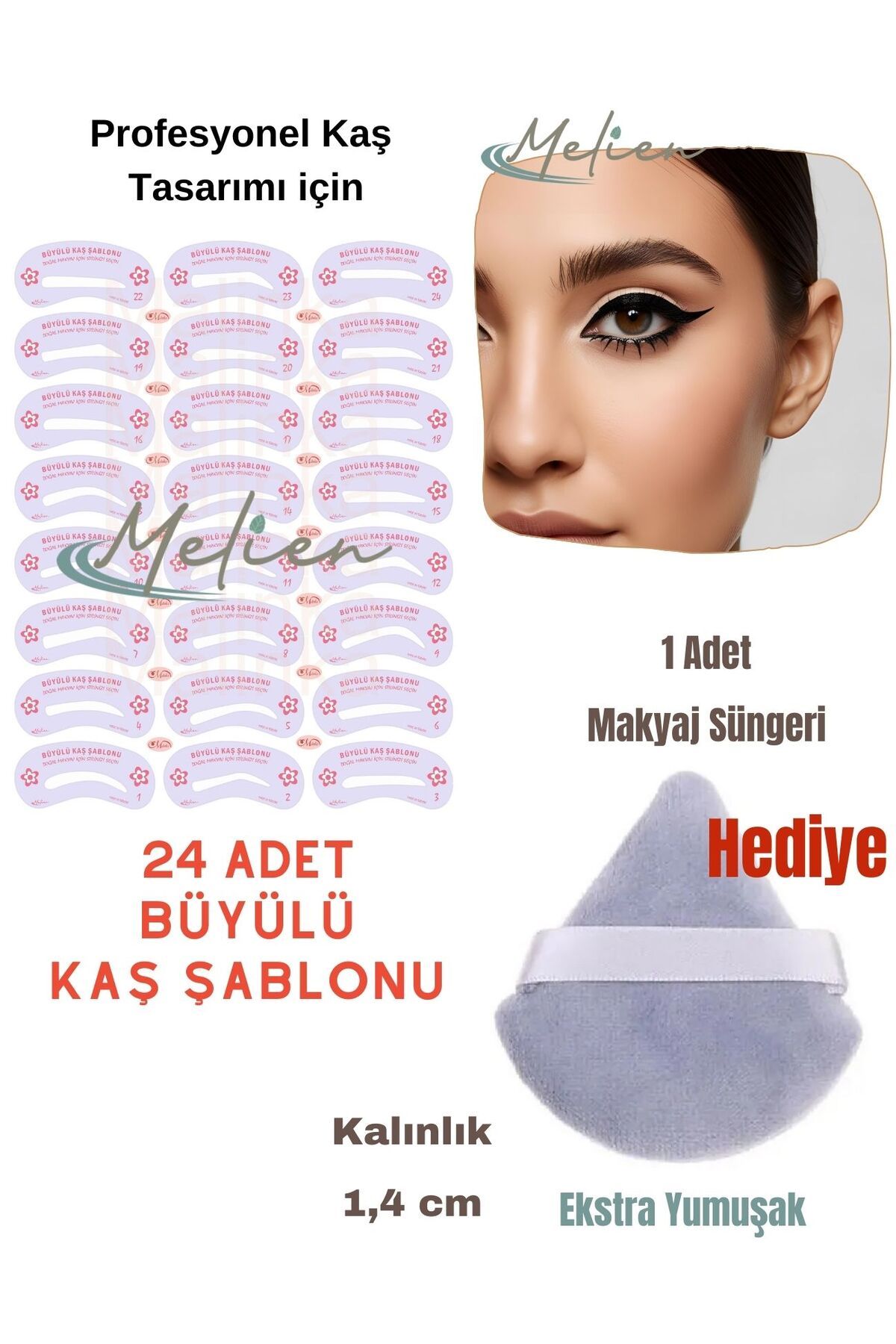Melien 24 Adet Yeniden Kullanılabilir Kaş Şablonu Şekillendirici Göz Yüz Makyaj Süngeri Seti Kaş Kalıpları