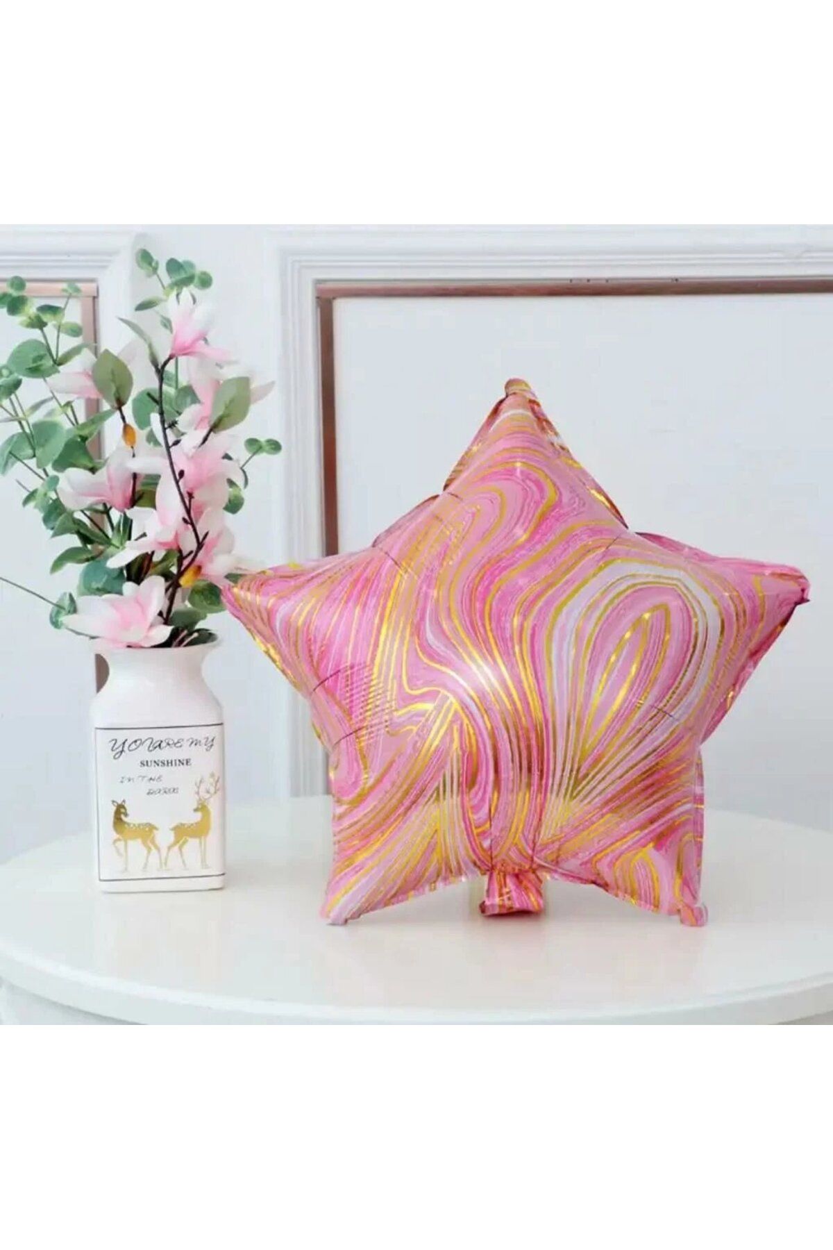 KBK MARKET Mermer Desenli Yıldız Folyo Balon 45 cm Pembe
