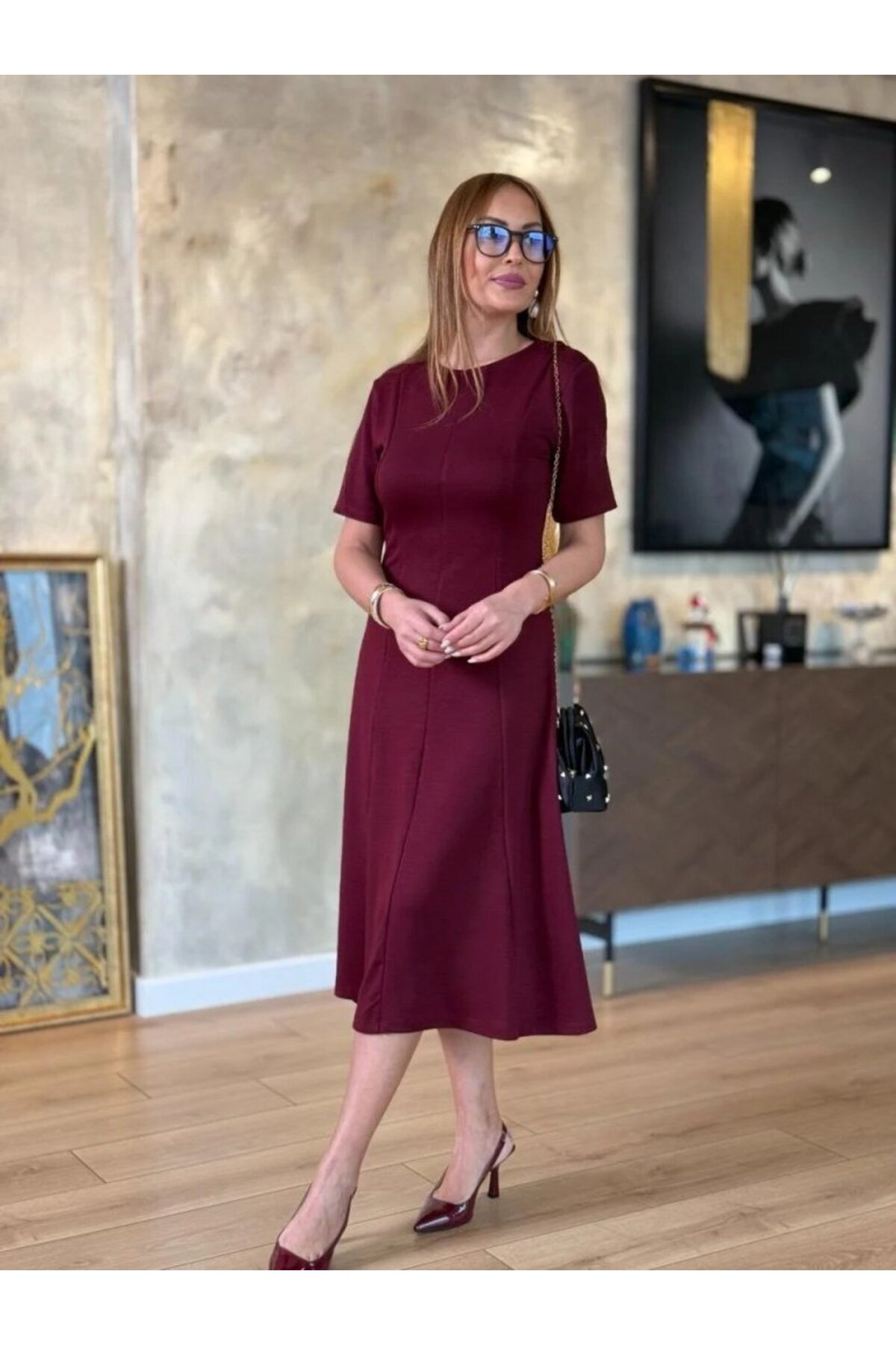 Kokosh moda-Women's Short Sleeve Crew Neck Midi Viscose Two Thread Dress 4