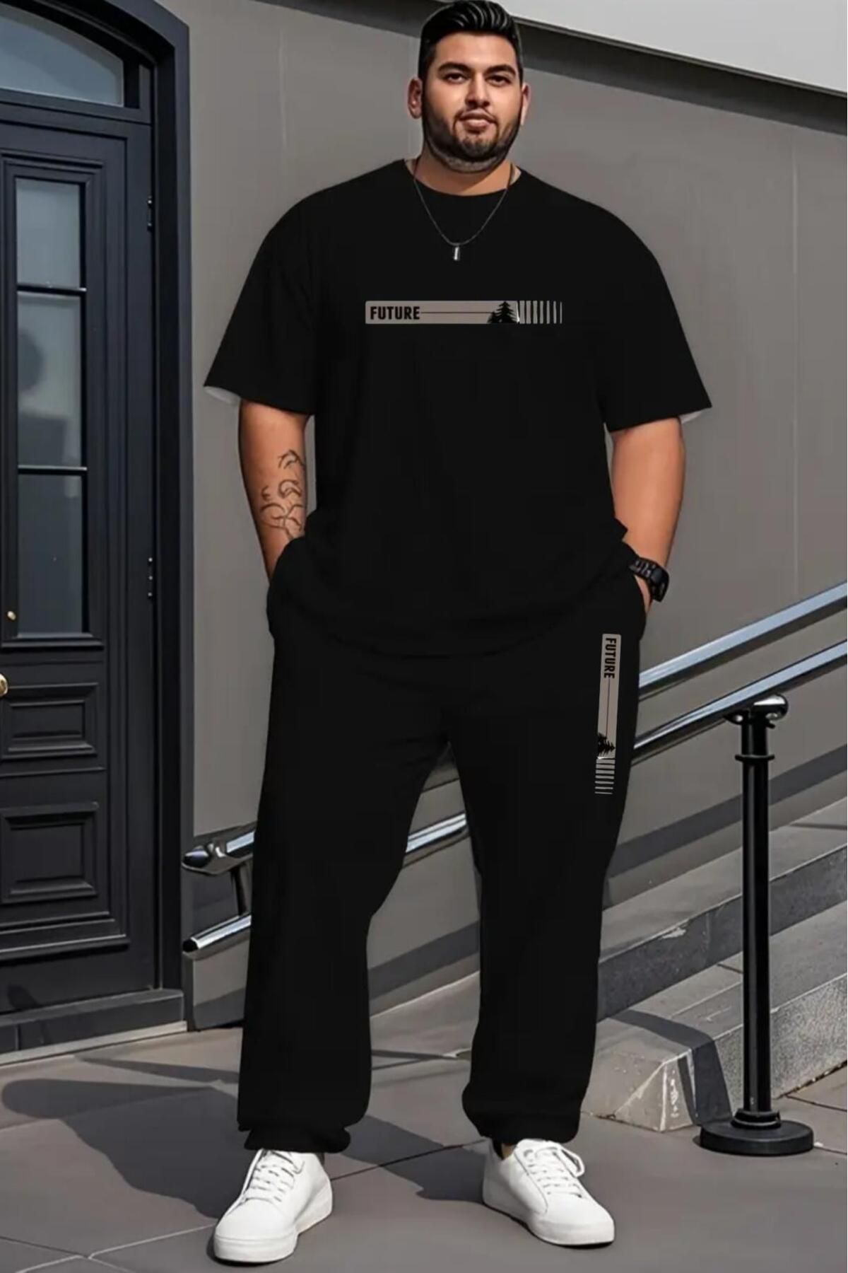 NO 601 Erkek Siyah T-shirt Siyah Eşofman Alt Future Büyük Beden Battal Beden Takımı