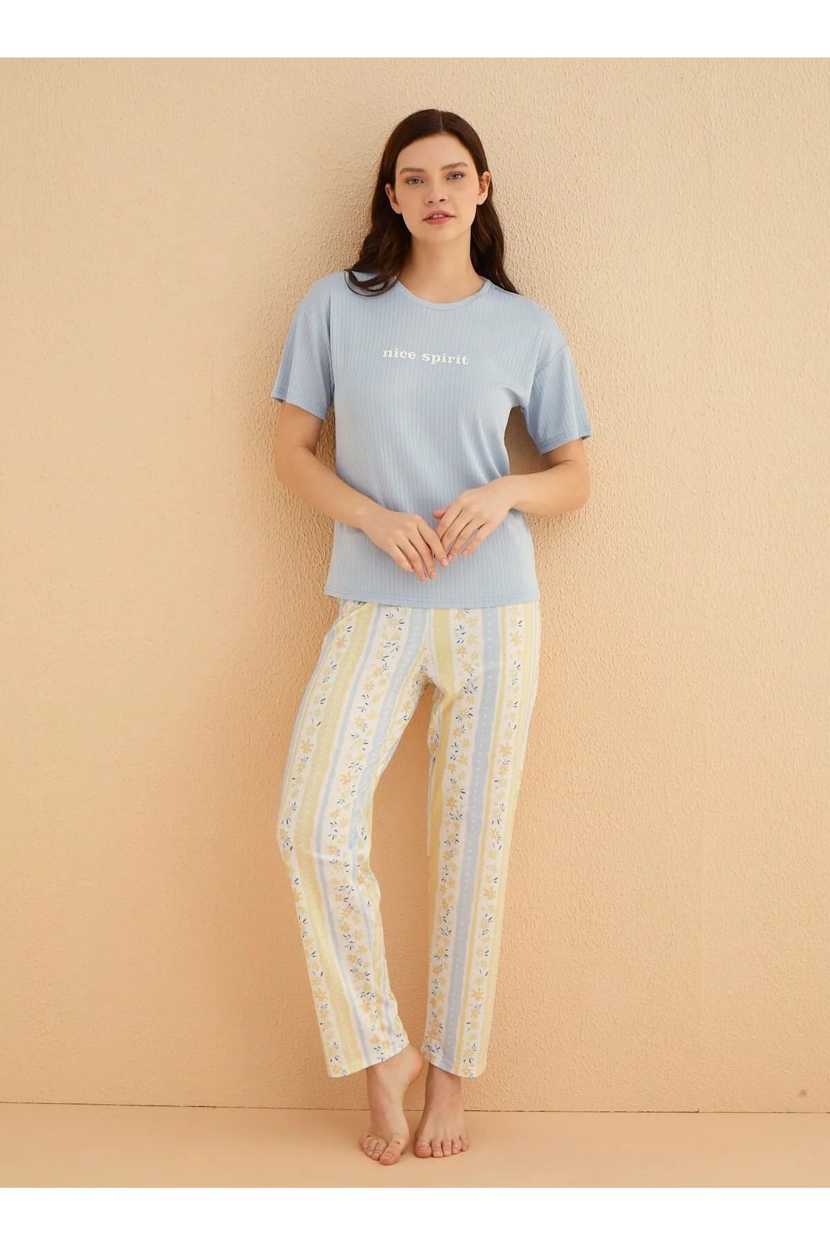 My Blog Mavi Bisiklet Yaka Kısa Kollu Pijama Takımı - 70105