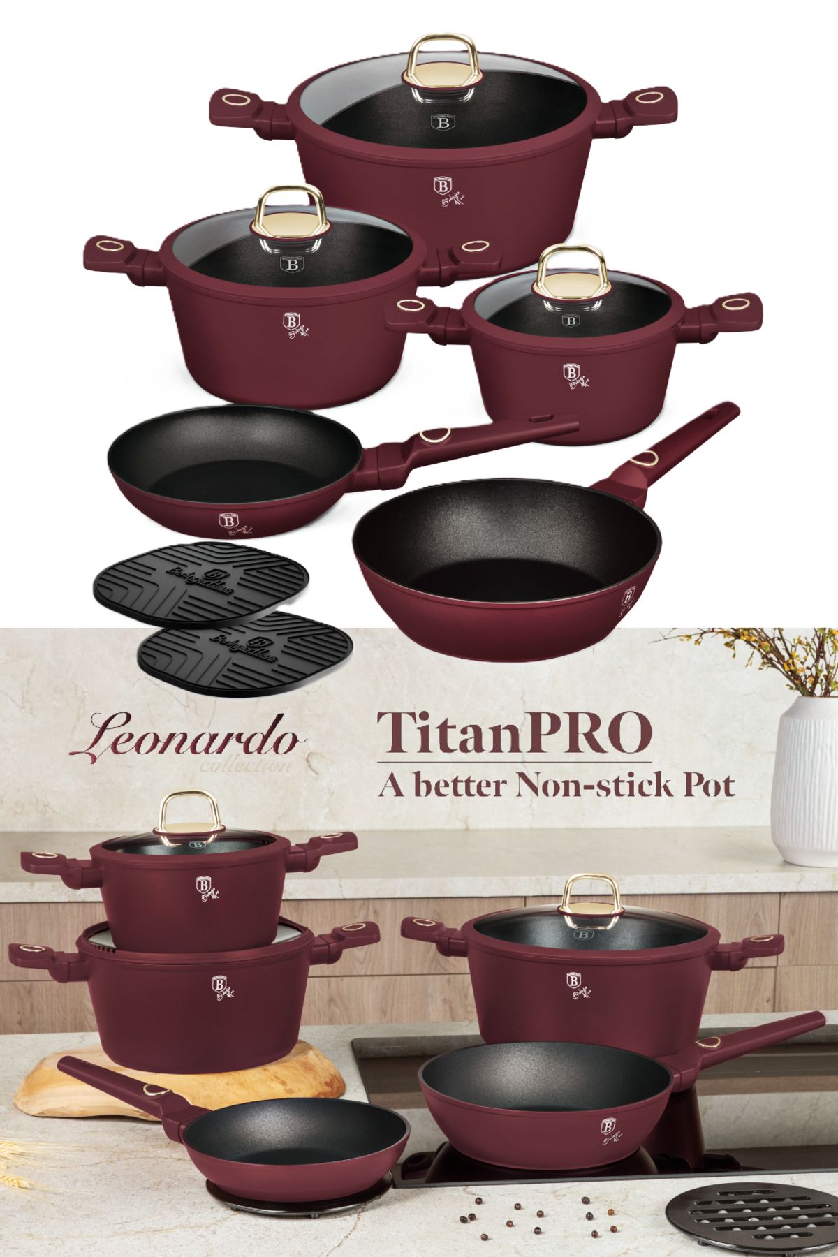 Berlinger Haus Set De 10 Vase De Gătit Titanpro Antiaderente, Cu Inducție, Oale Și Tigăi, Colecția Leonardo - One Size