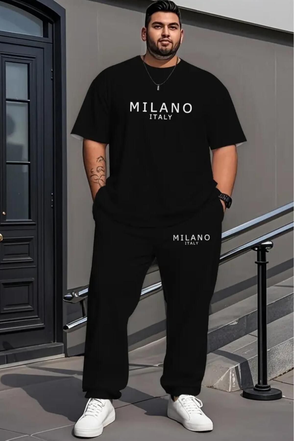NO 601 Erkek Siyah T-shirt Siyah Eşofman Alt Milano İtaly Büyük Beden Battal Beden Takımı