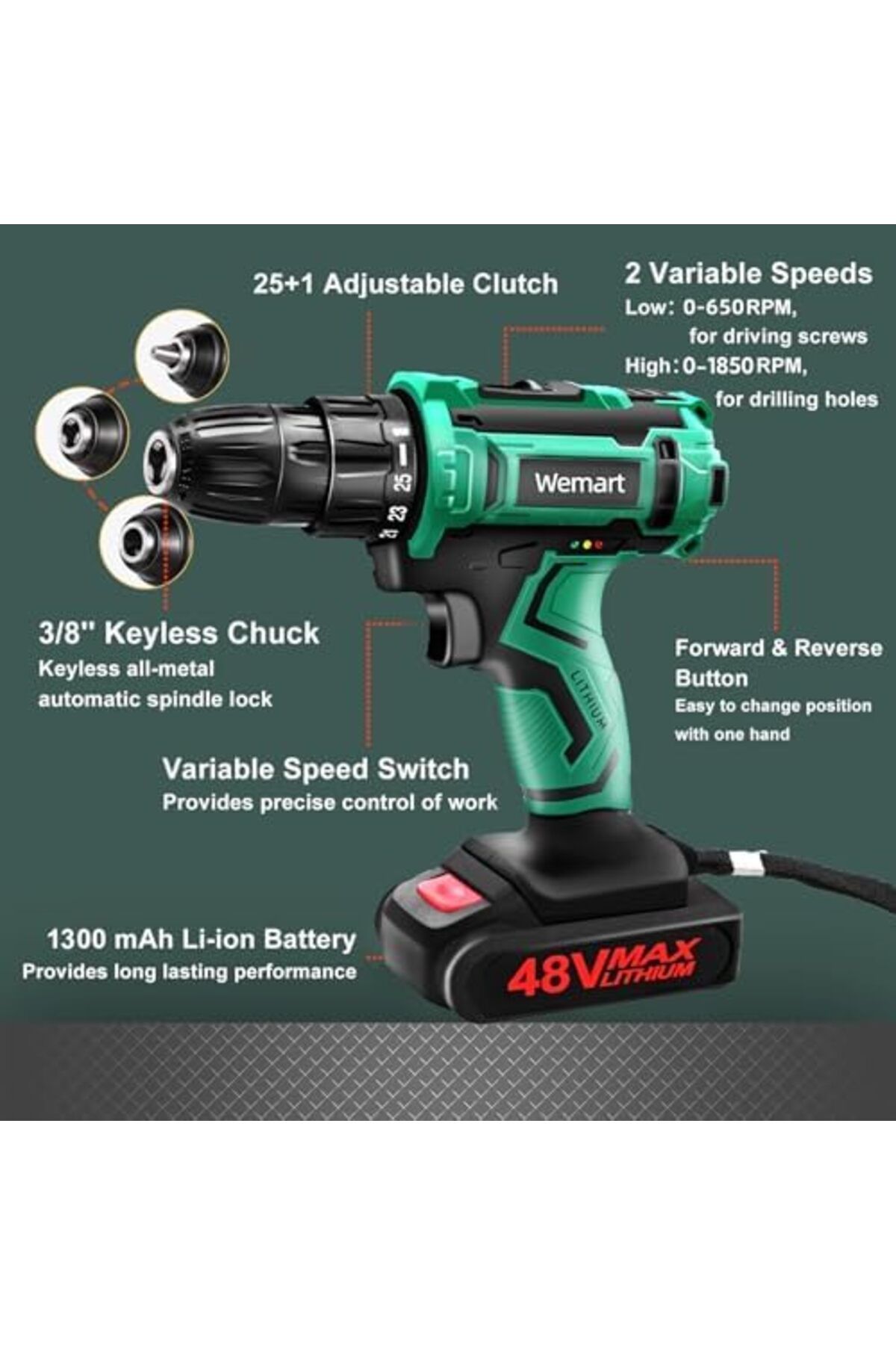 Wemart-48V Cordless Drill Set, Electric Drill with 2 Battery and Charger, and 24Pcs Drill Bits 4