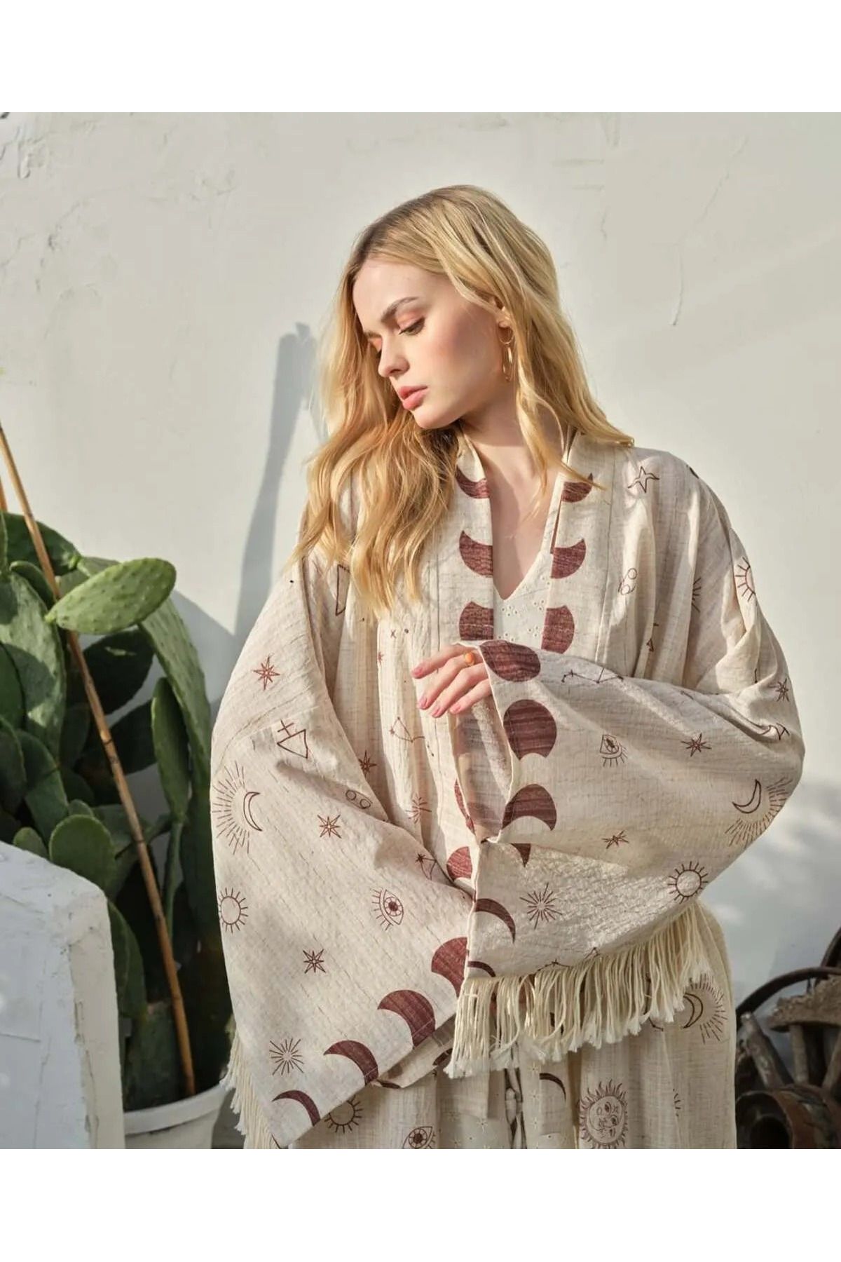 Lux Home Istanbul Mistik Desenli Püskül Detaylı Bohem Uzun Kimono