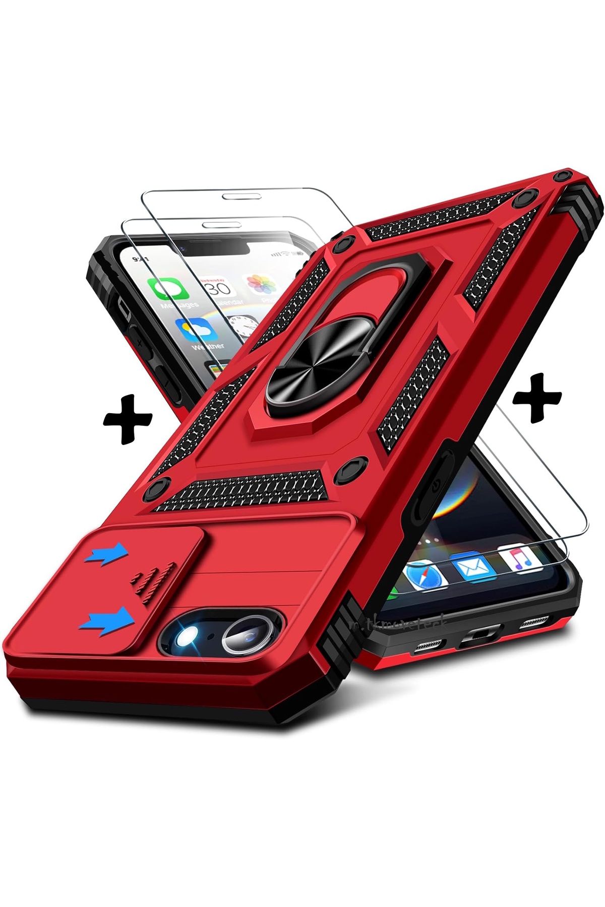 m.tk moveteck iPhone 16E Kılıf Kamera Korumalı Sürgülü Yüzüklü Armor Military Tank Kapak+9H Ekran Koruyucu Cam Set