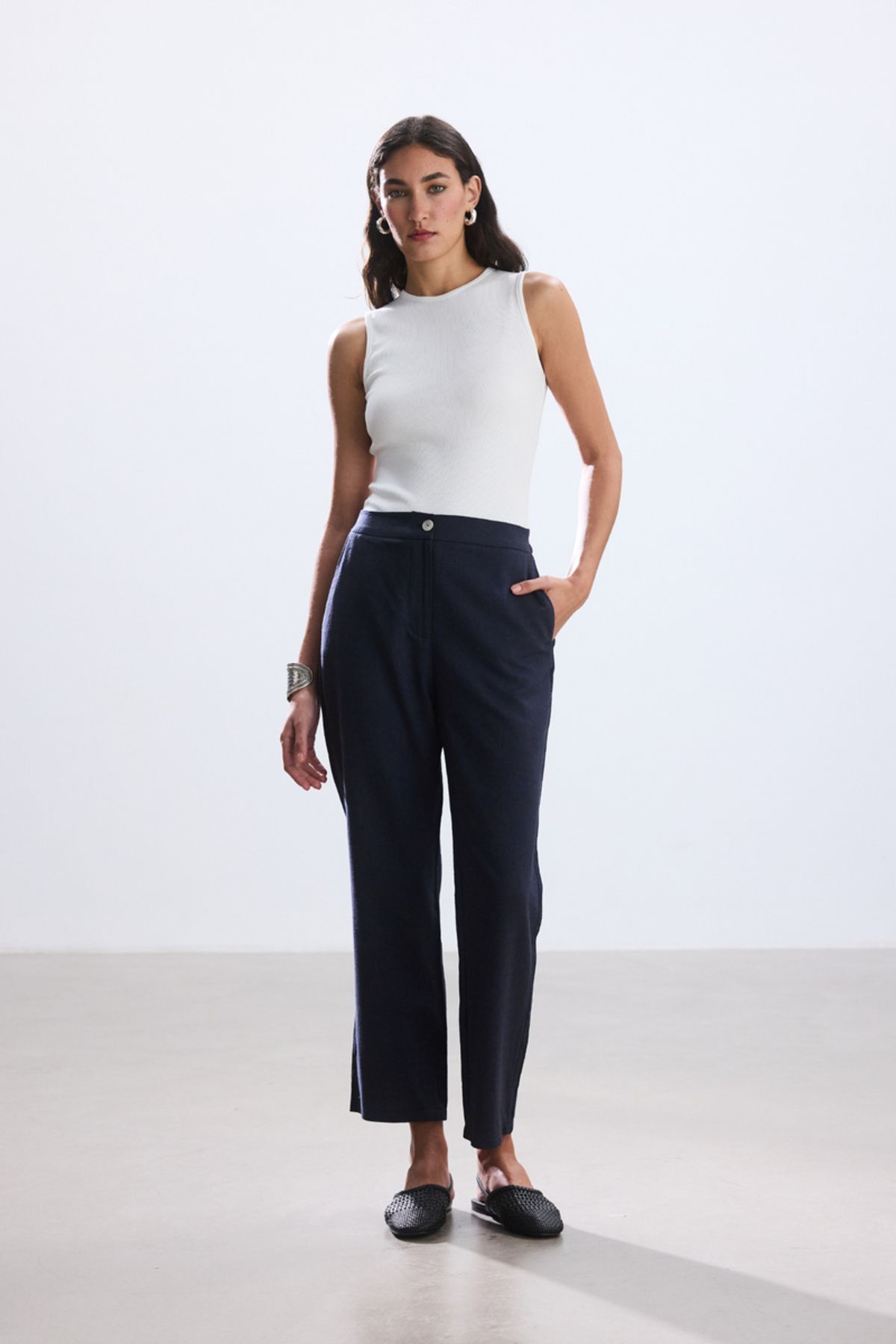 BE BLUE LACİVERT KISA STRAIGHT PAMUK KETEN PANTOLON