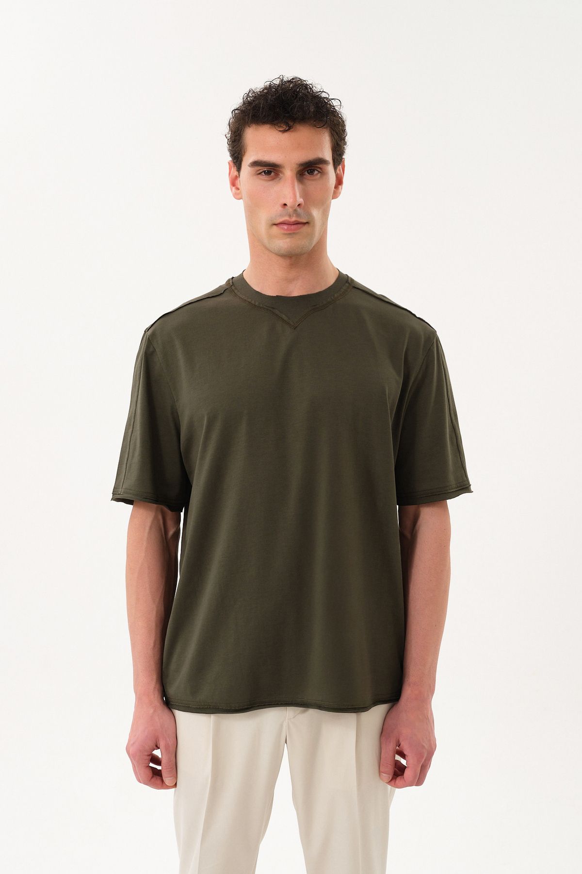 SPORTEMPT Eskitme Detaylı Erkek Oversize Bisiklet Yaka T-Shirt
