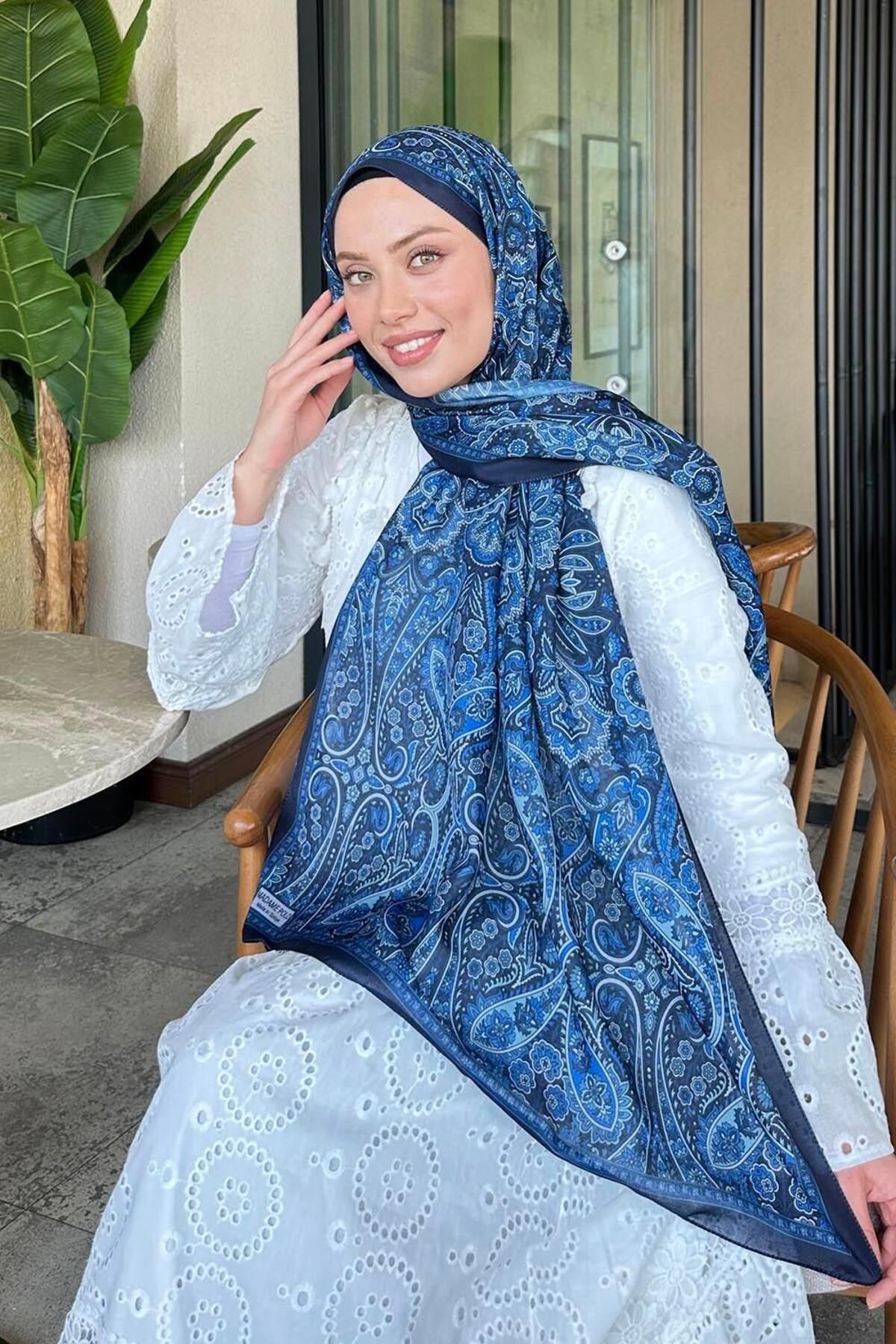 lamelif-Retro Pattern Soft Shawl Midnight Blue 2