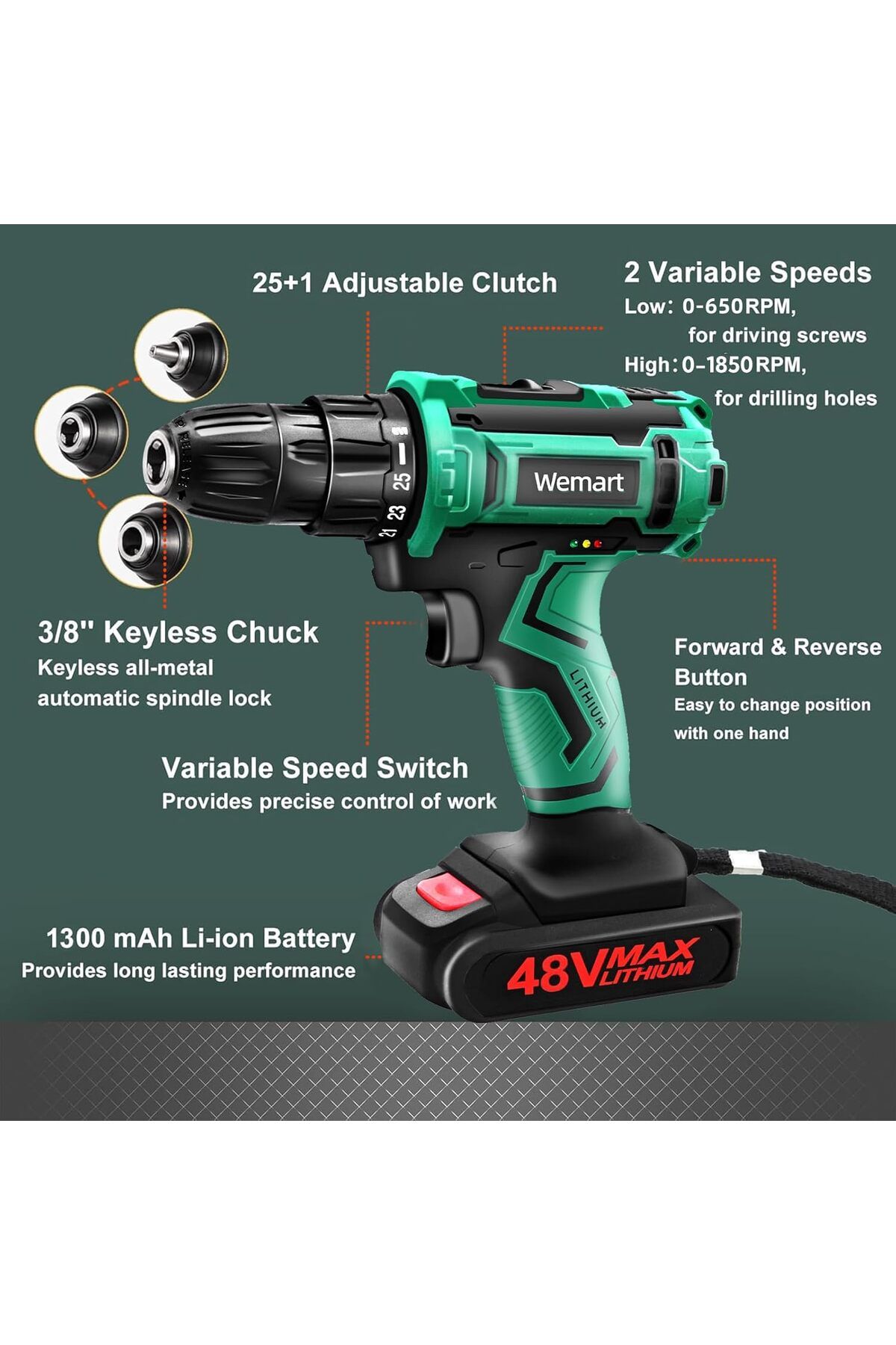 Wemart-48V Cordless Drill Set, Electric Drill with 2 Battery and Charger, and 24Pcs Drill Bits 3