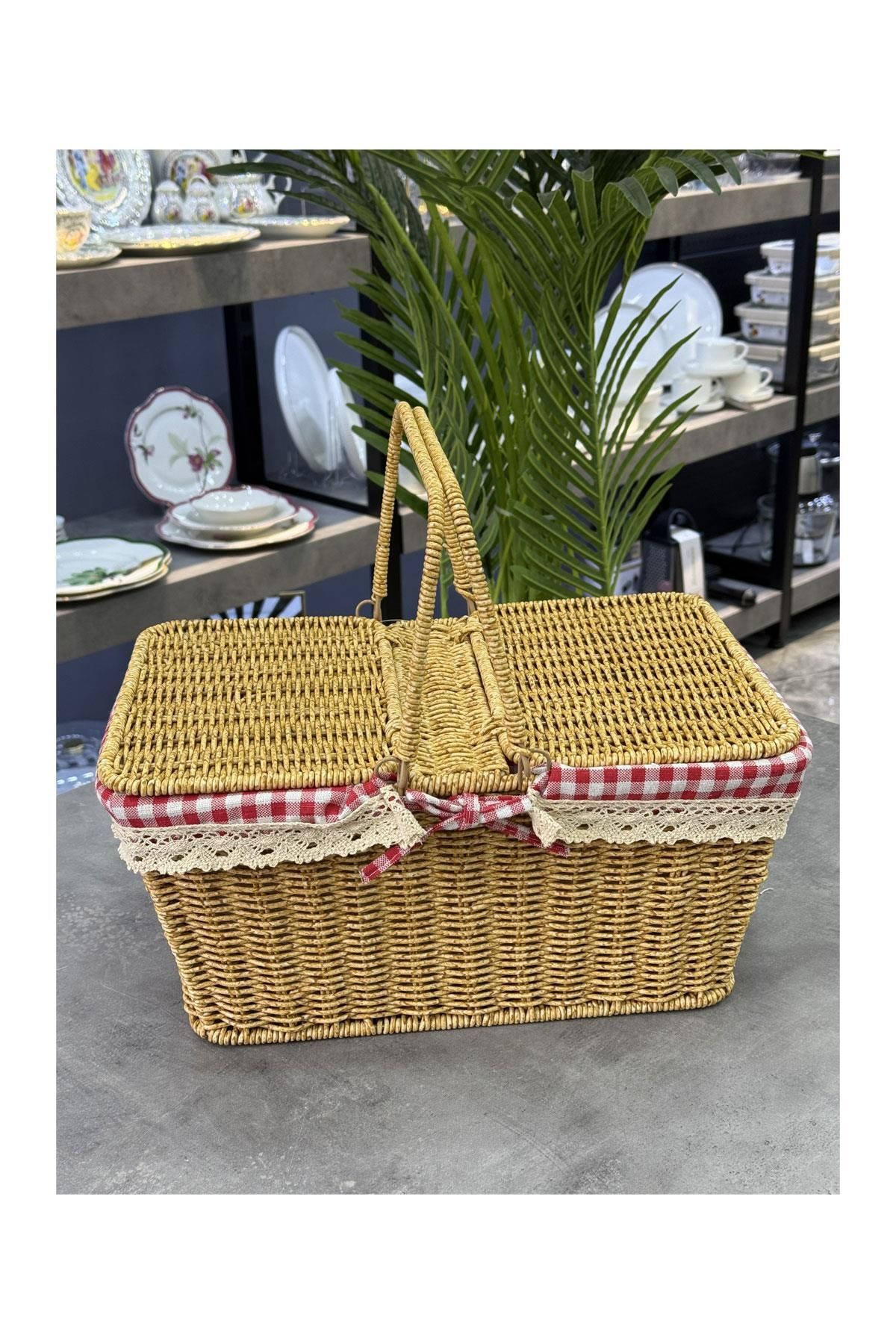 Doğudeko Dikdörtgen Rattan Lüx Açık Kahve Piknik Sepeti