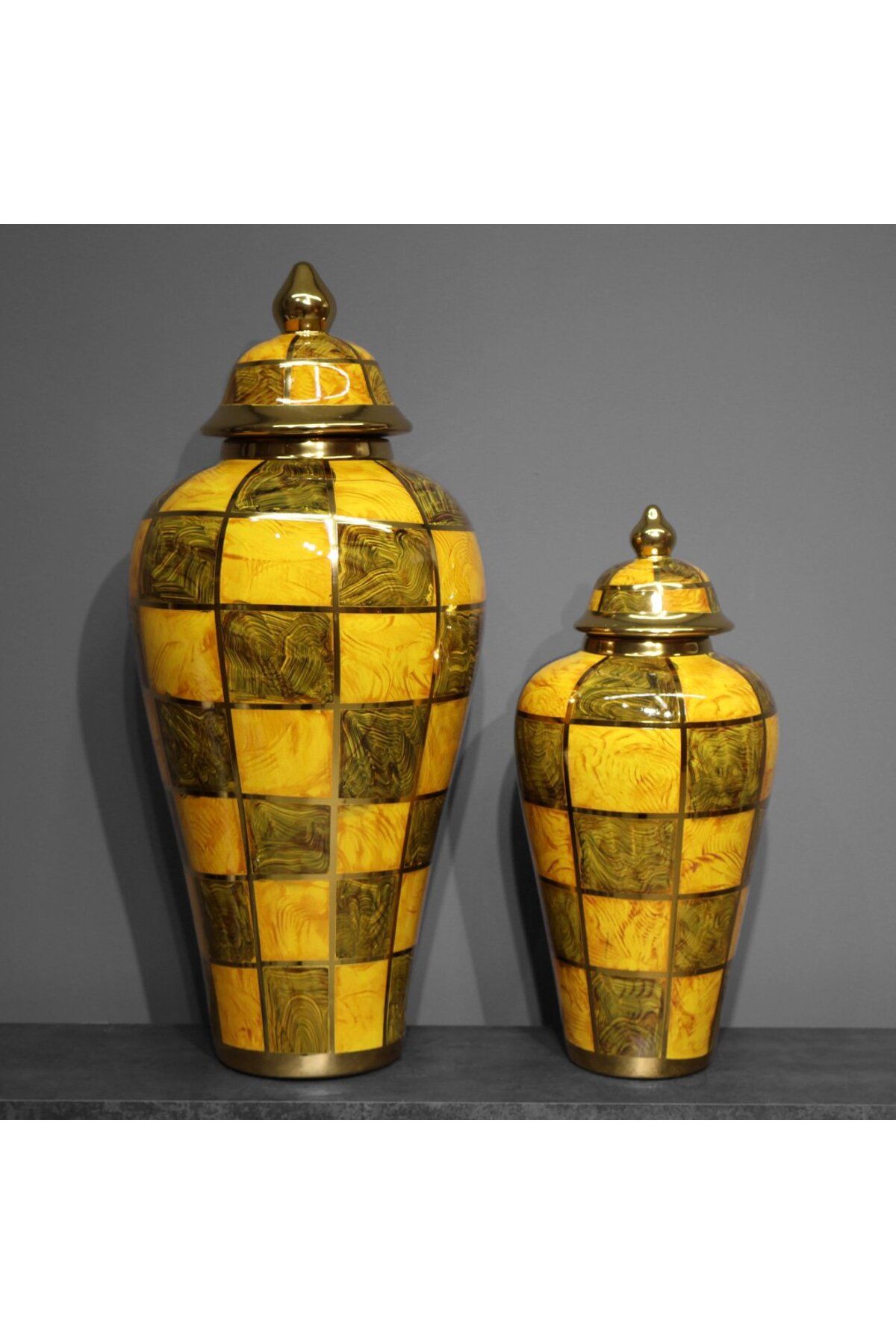 Softyline İkili Kare Gold Yeşil Desenli Gold Detaylı Vazo