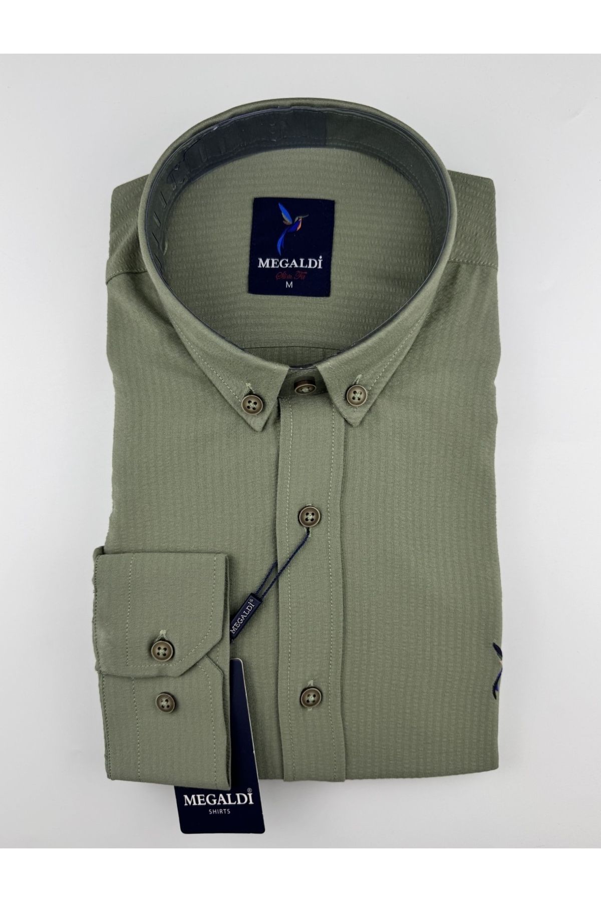 MEGALDİ Erkek Slim Fit Kesim Gofre Yeşil Likralı Çizgili Uzun Kollu Gömlek