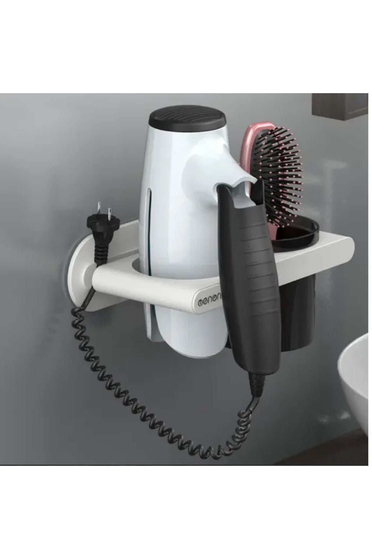 Herum Suport Autoadeziv Pentru Accesorii De Baie, Uscător De Păr, Plastic, Alb, 23 X 13 X 9 Cm - One Size