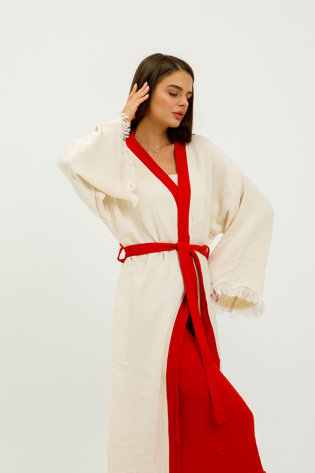 ERISHOMEE Kimono -Natürel Müslin Kumaş - El Boyamalı