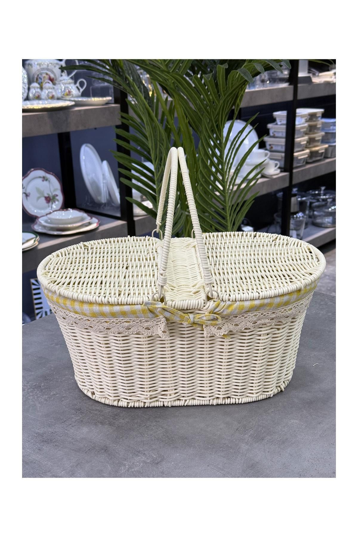 Doğudeko Oval Rattan Lüx Krem Piknik Sepeti