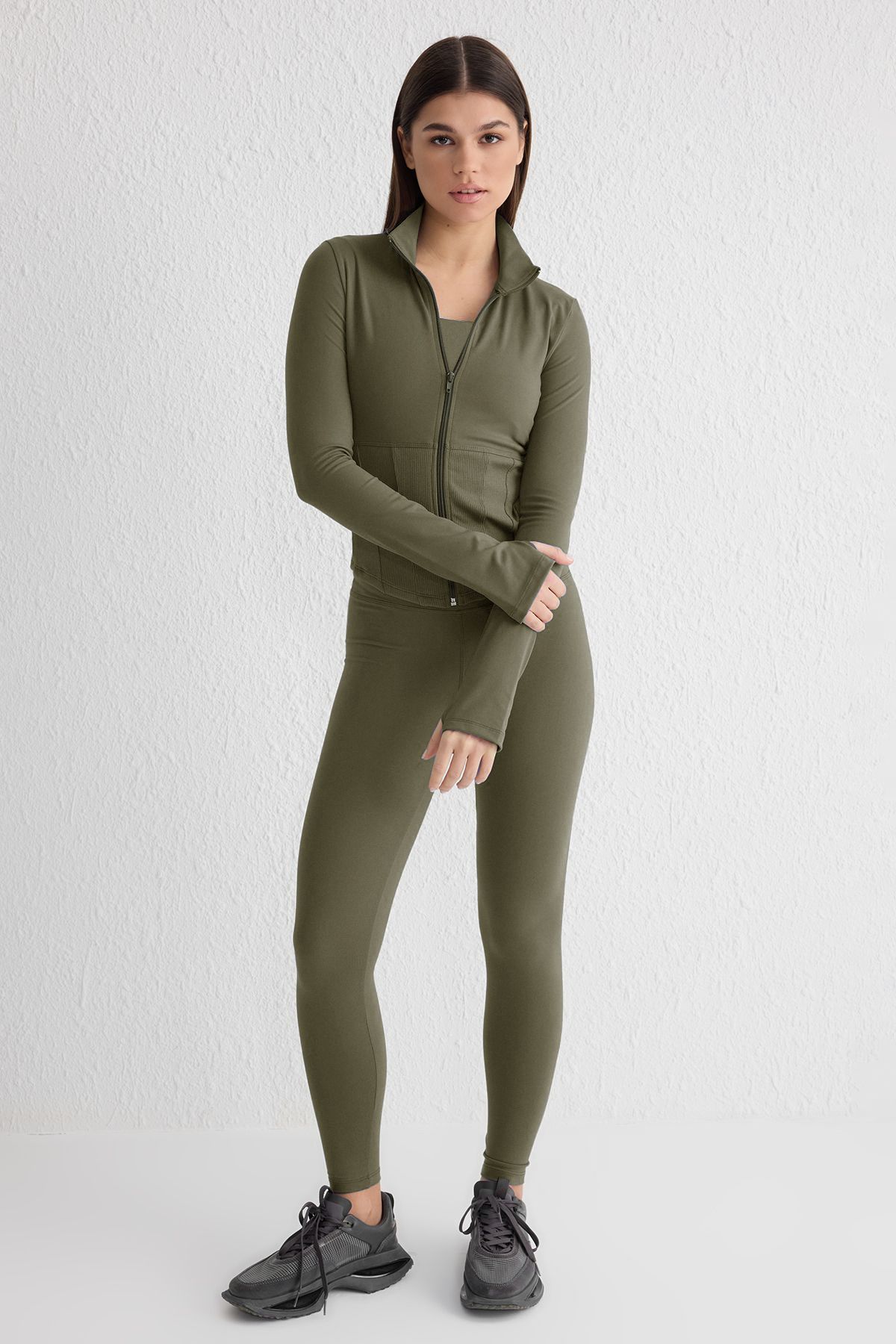 Miss Prova Haki Fırçalı Soft Kumaş Baş Parmak Delikli Örme Spor Ceket/Sweatshirt MISSCE2621