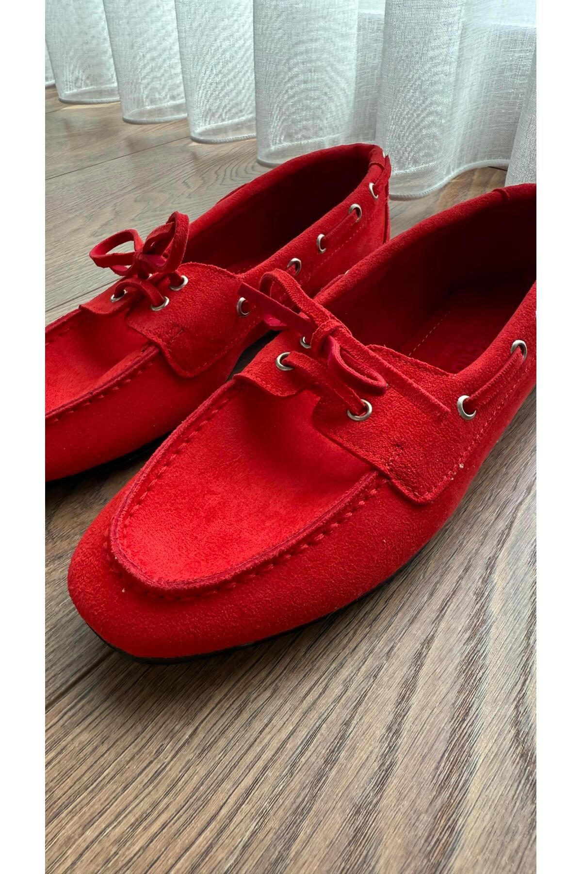 Eataly Shoes Süet Loafer Bağcıklı Kırmızı Ayakkabı