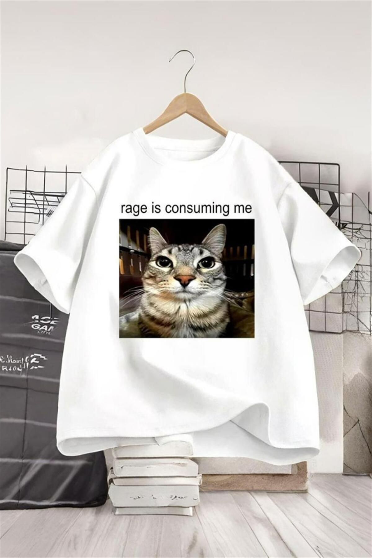 Karakedi Beyaz Rage İs Consuming Me Cat Memes Unisex T-shirt