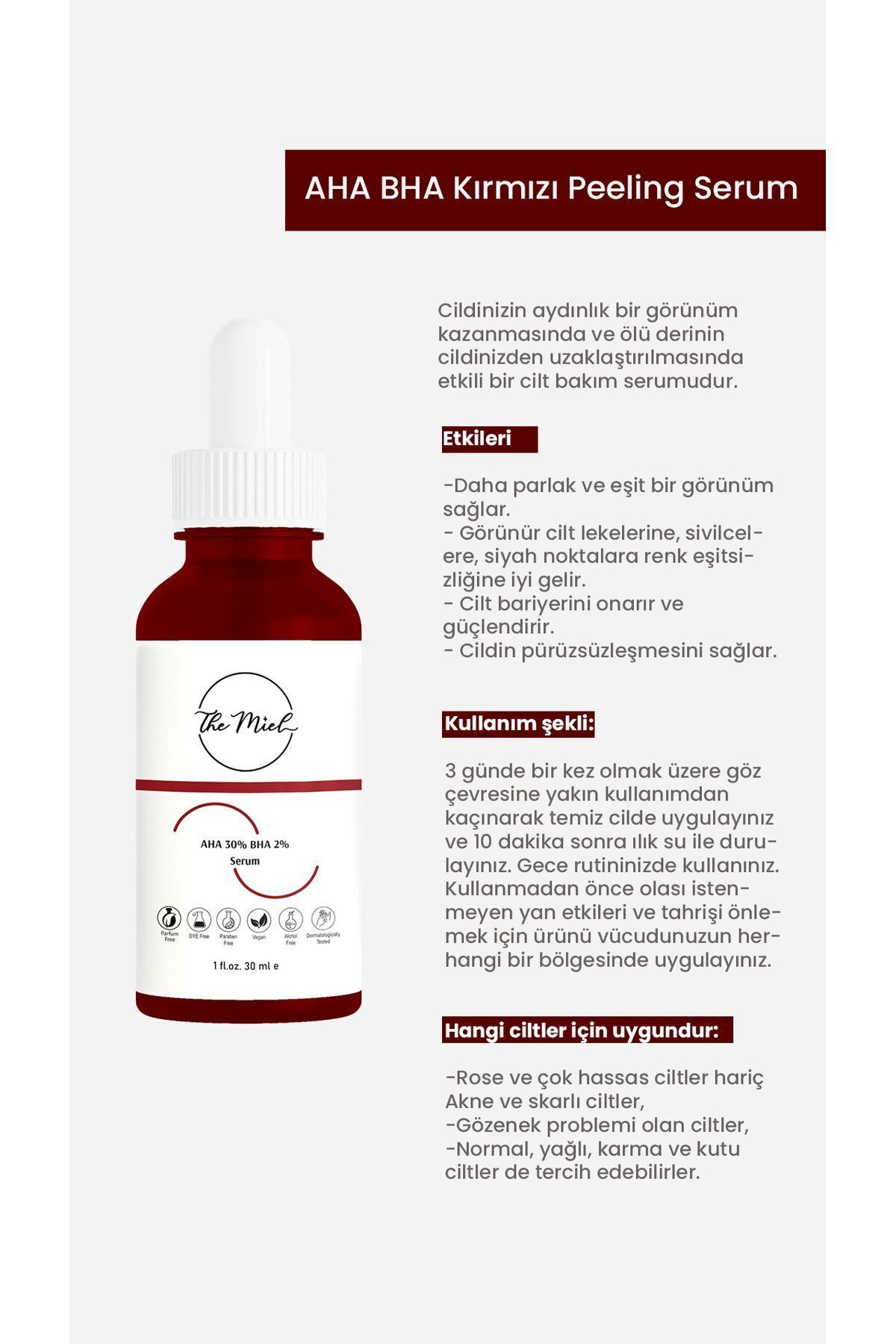 THE MİEL-Aha Bha Skin Tone Equalizing and Revitalizing Red Peeling Serum 30 ml (AHA 30% BHA 2%) 3