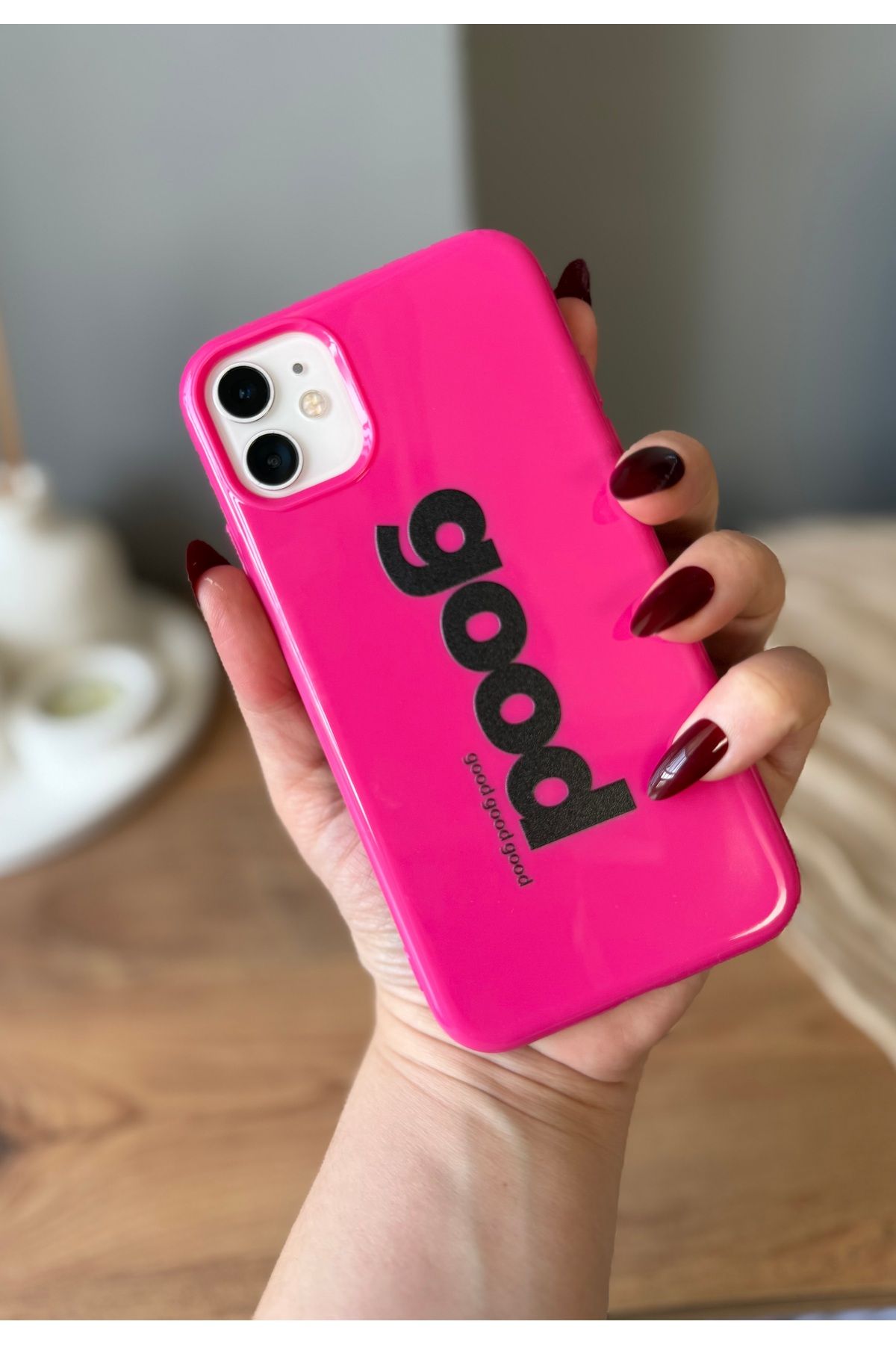 MirazTasarim IPHONE 11 FUŞYA PARLAK GOOD YAZI DETAYLI KILIF