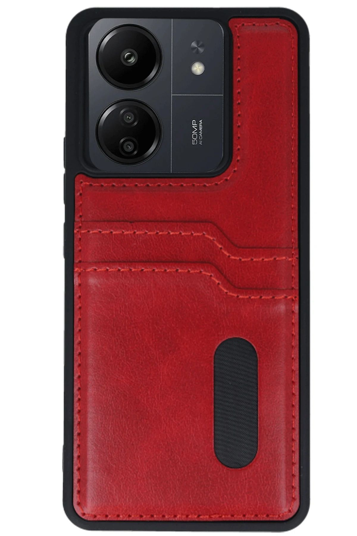 cepmoda Xiaomi REDMİ 13C | SARA Kartlıklı Telefon Kılıfı Lüx Deri Kaplama Arka Kapak | KIRMIZI